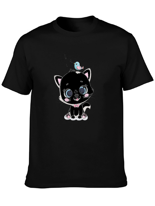 Cute Kitten & Bird Graphic Tee - Black Cotton Comfort