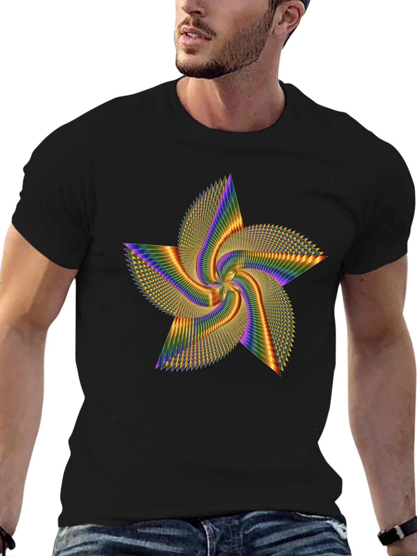 Rainbow Star Spin Black Tee