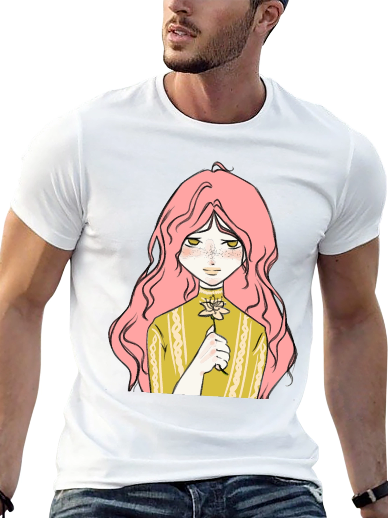 Anime Girl Flower Graphic Black T-Shirt