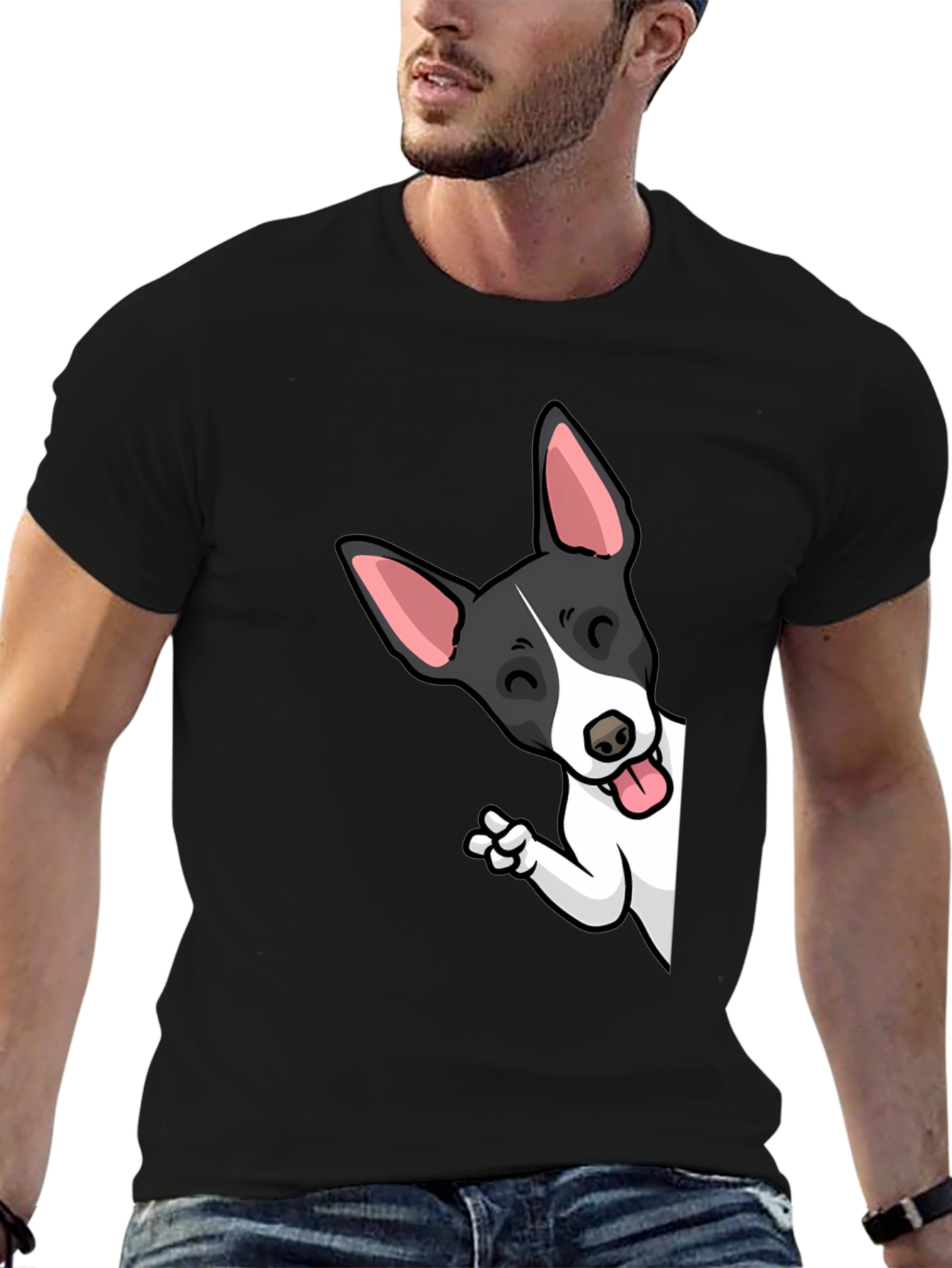 Cartoon Dog Peek-a-Boo Graphic Tee - Unisex Black T-Shirt
