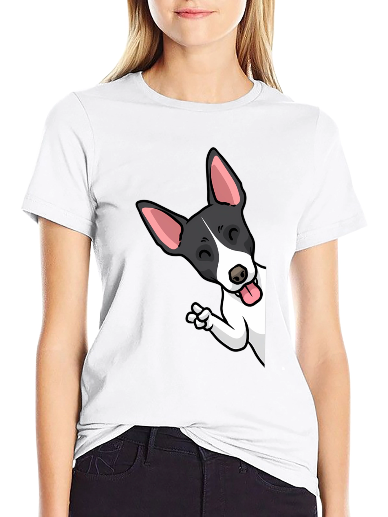 Cartoon Dog Peek-a-Boo Graphic Tee - Unisex Black T-Shirt