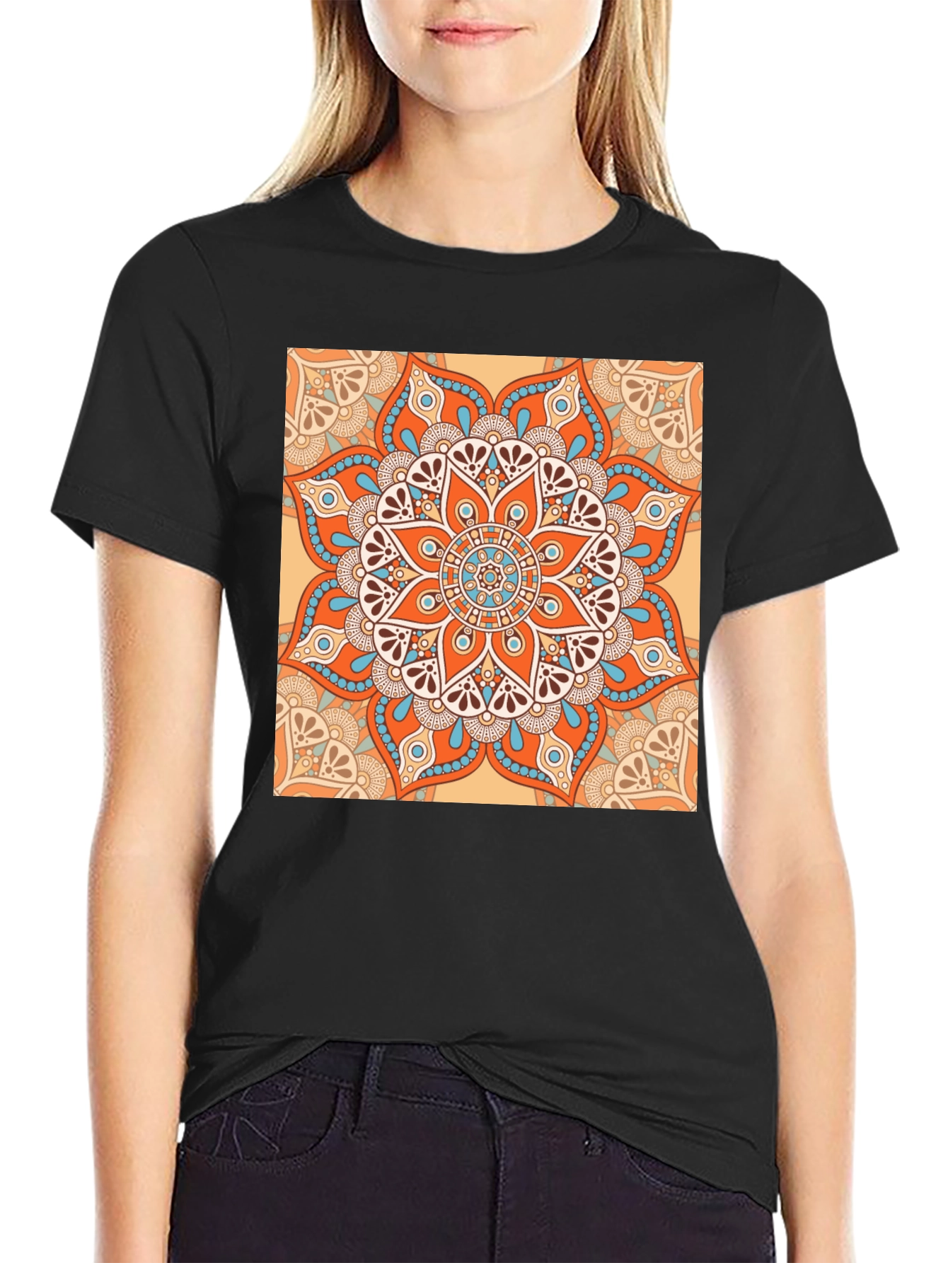 Black T-Shirt with Geometric Mandala Print