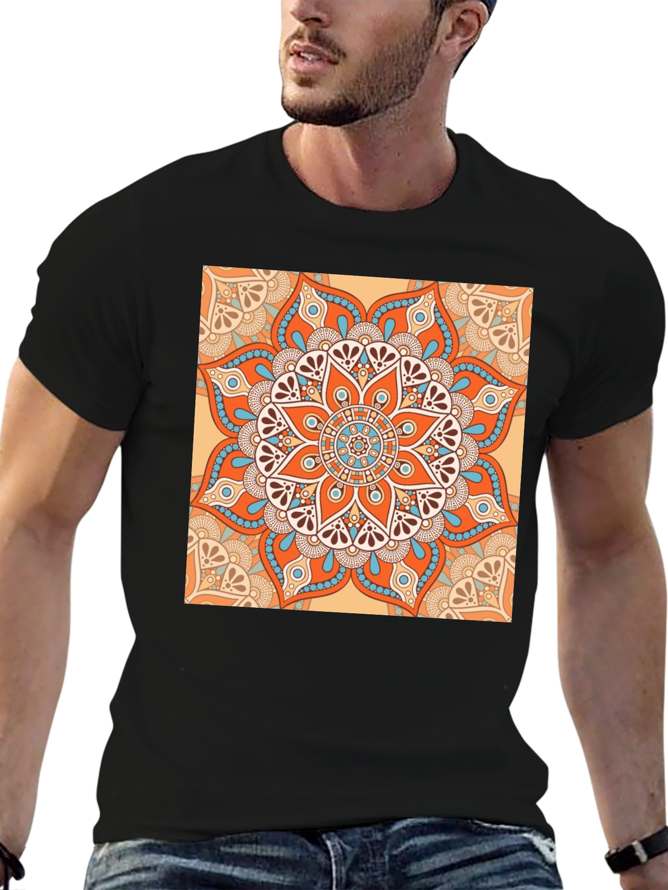 Black T-Shirt with Geometric Mandala Print