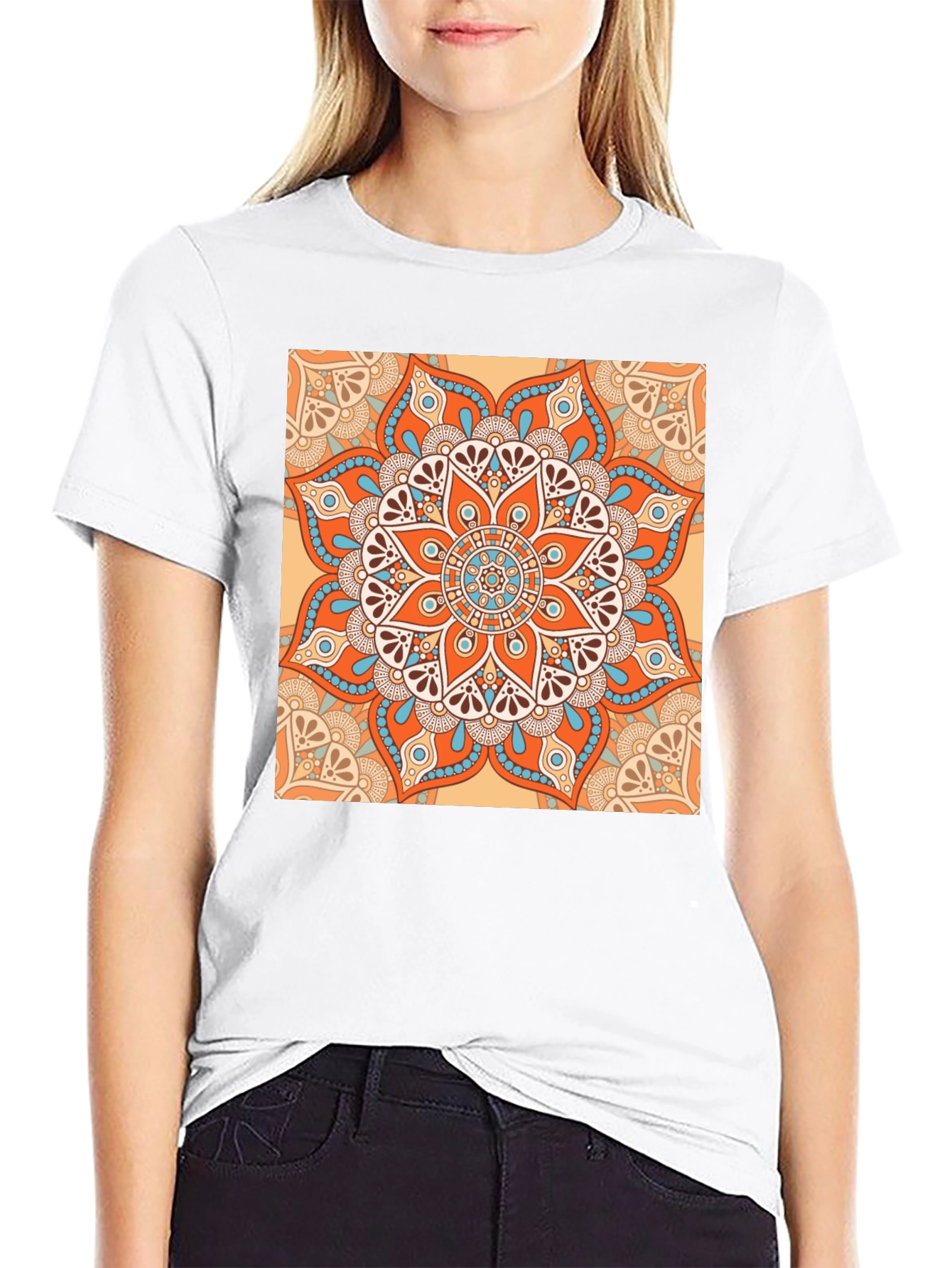 Black T-Shirt with Geometric Mandala Print
