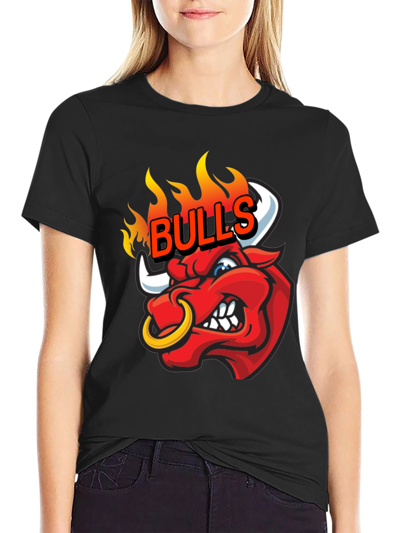 Fiery Bulls Graphic Tee - Black Cotton T-Shirt