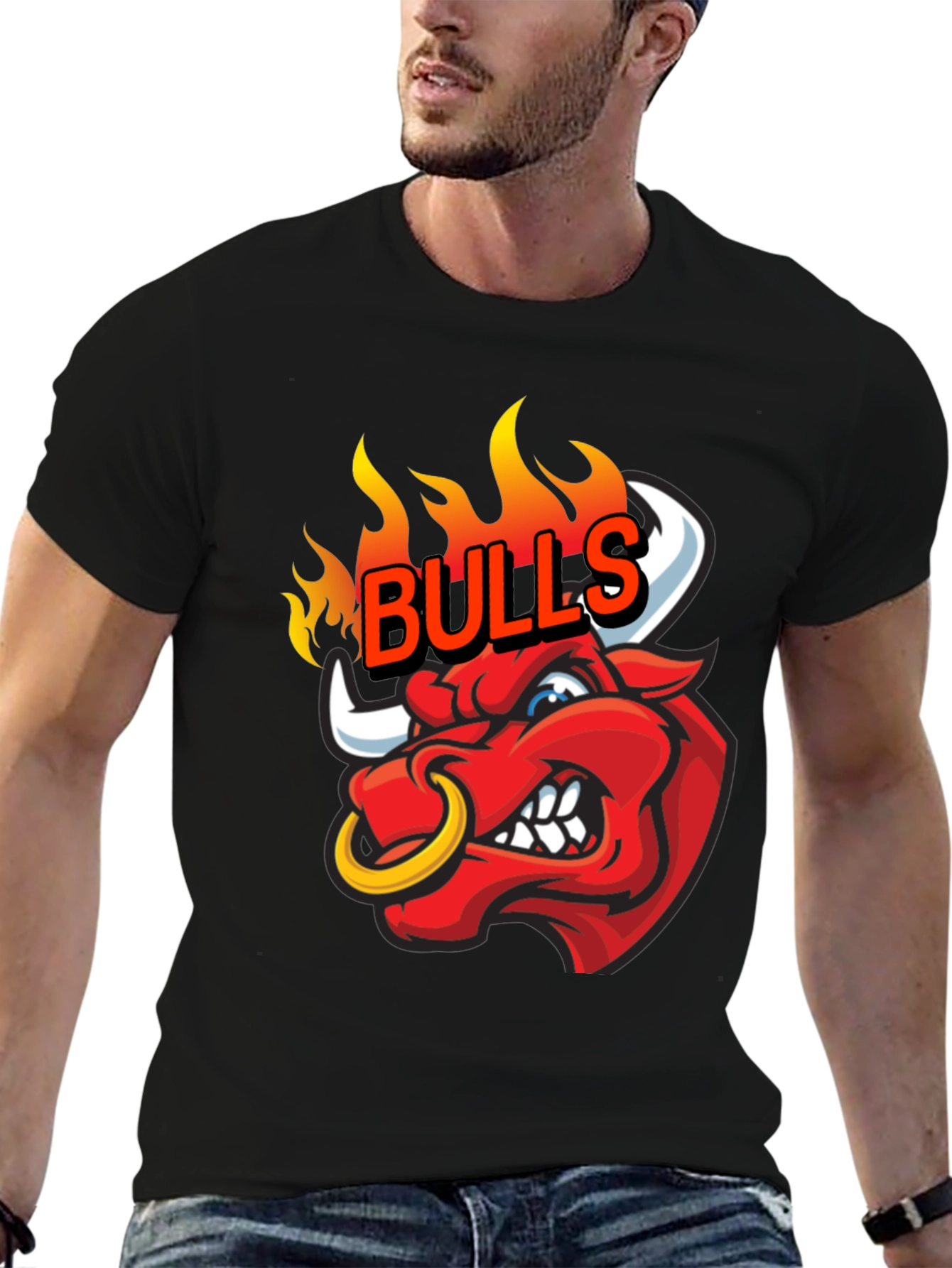 Fiery Bulls Graphic Tee - Black Cotton T-Shirt