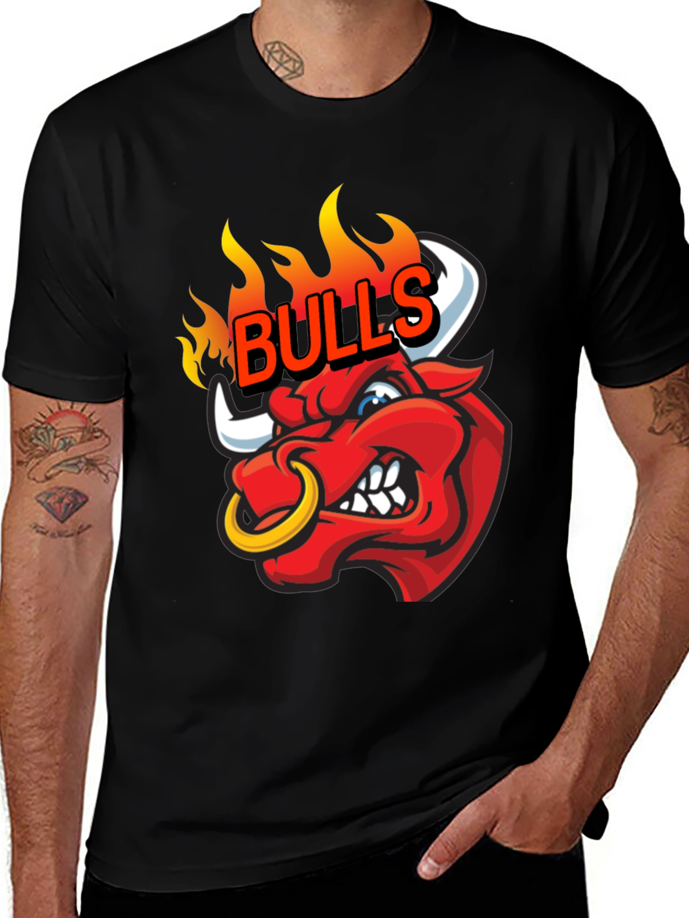 Fiery Bulls Graphic Tee - Black Cotton T-Shirt