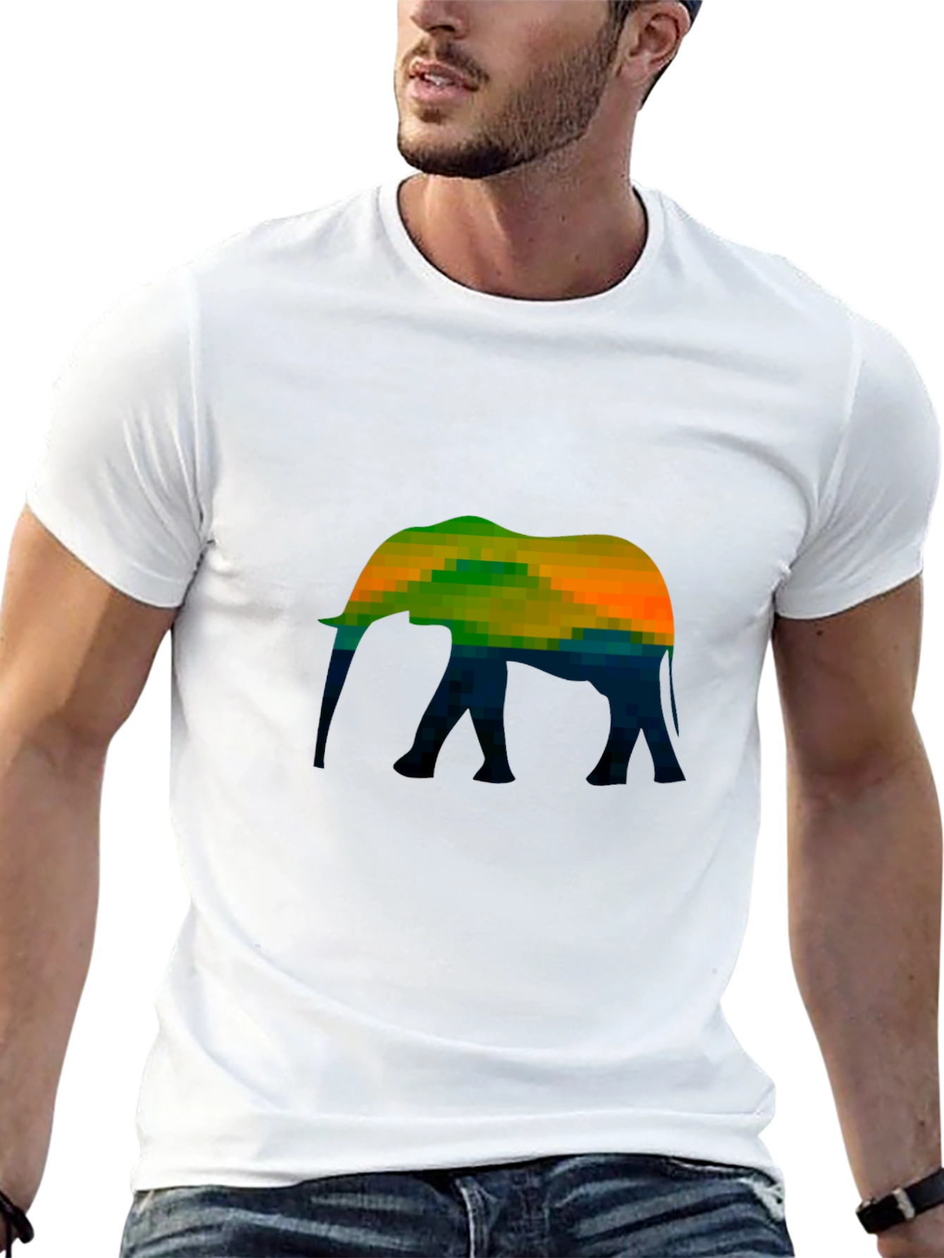 Pixelated Elephant Graphic Tee - Black Cotton Casual T-Shirt