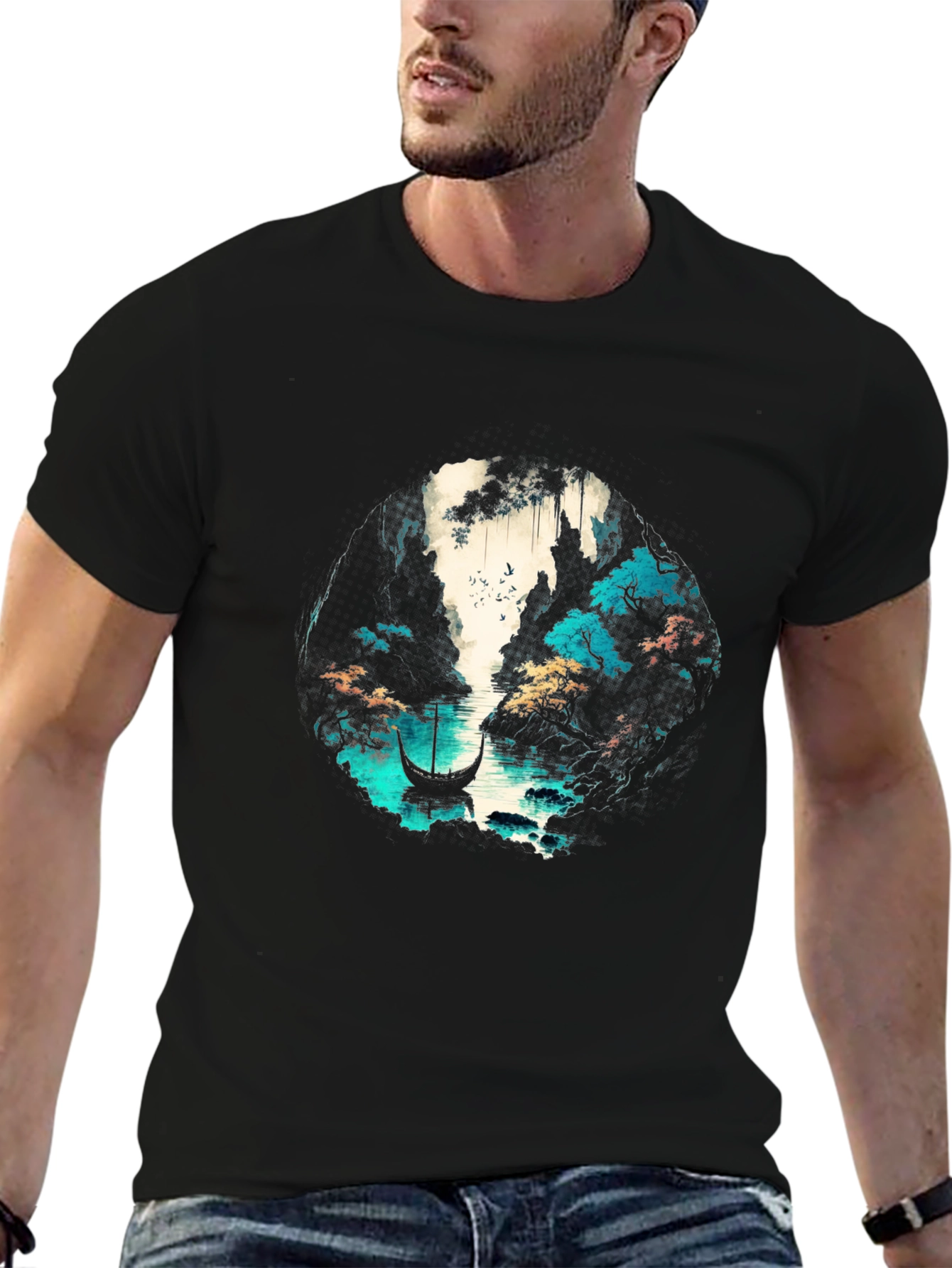 Nature Graphic T-Shirt - Boat & Water Design