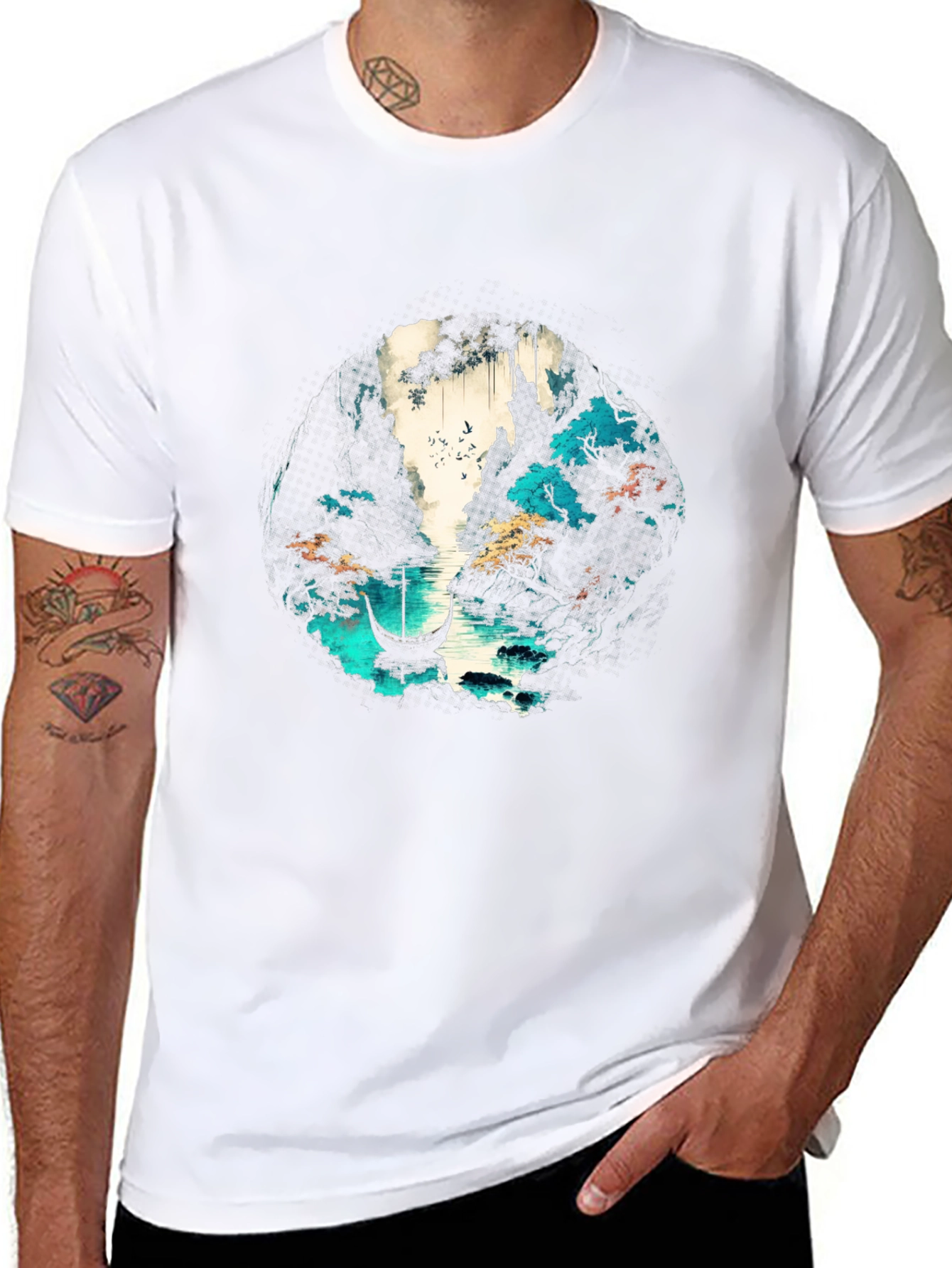 Nature Graphic T-Shirt - Boat & Water Design
