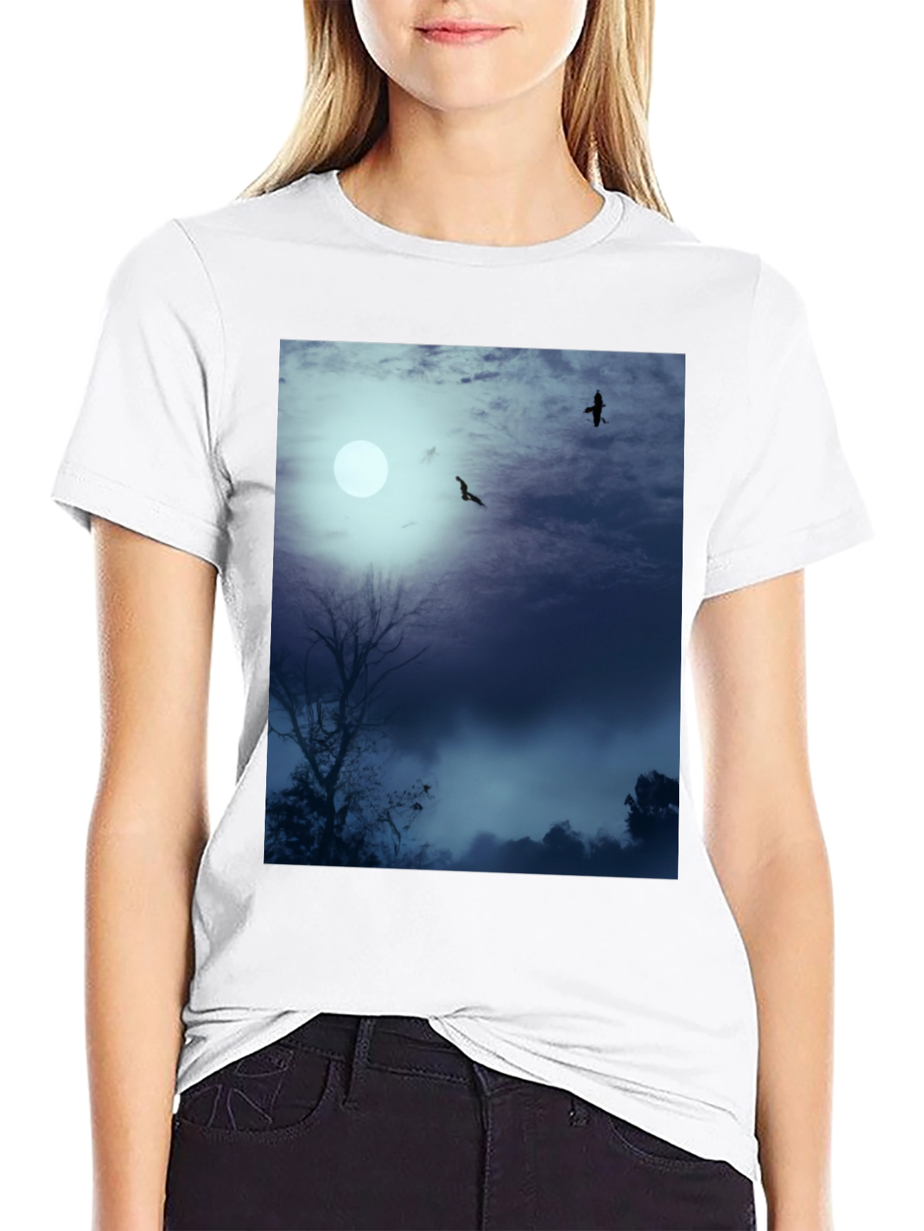 Moonlit Night Tee - Raven Silhouette Design
