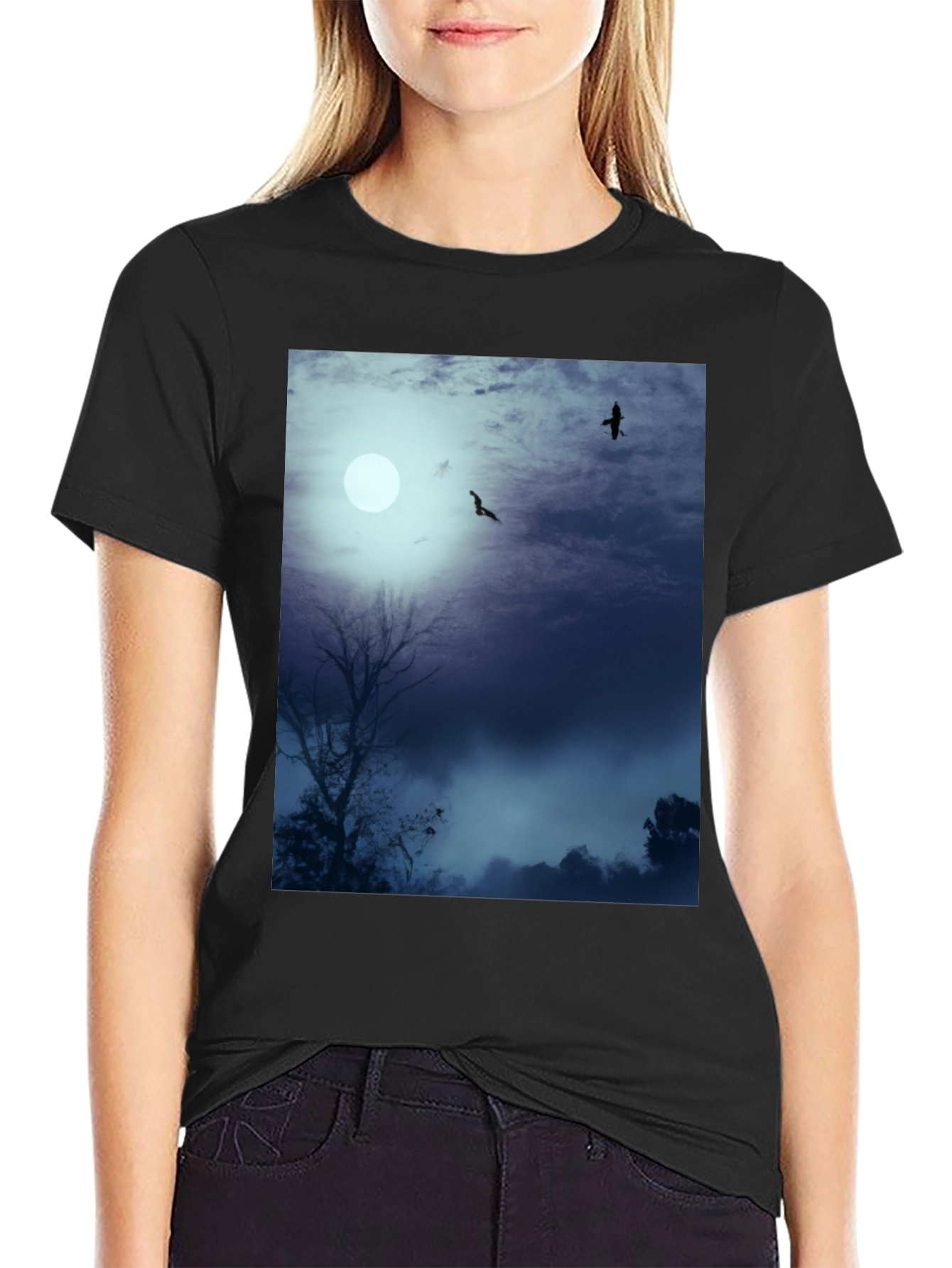 Moonlit Night Tee - Raven Silhouette Design
