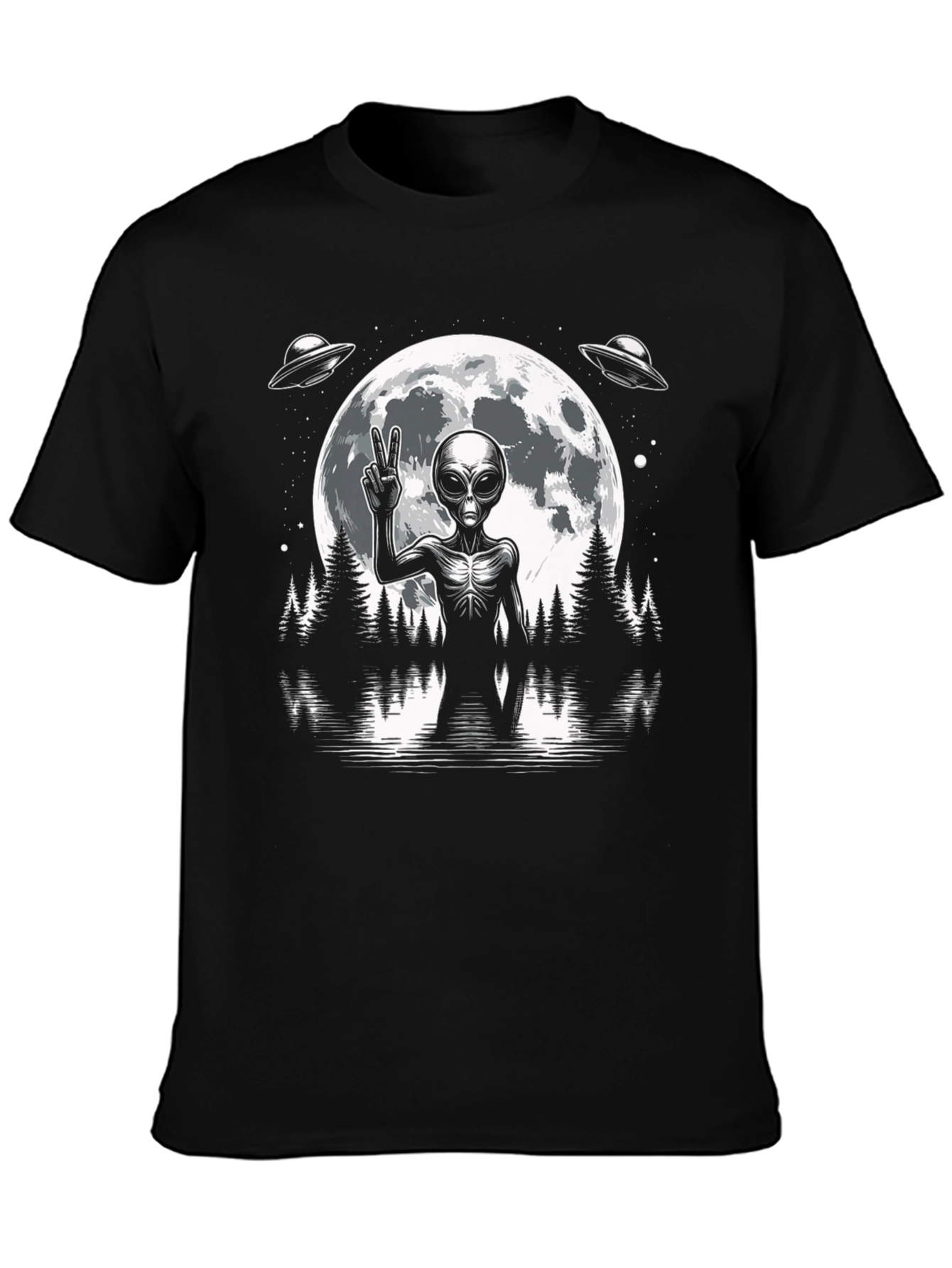 Alien Peace Sign Graphic T-Shirt - Black