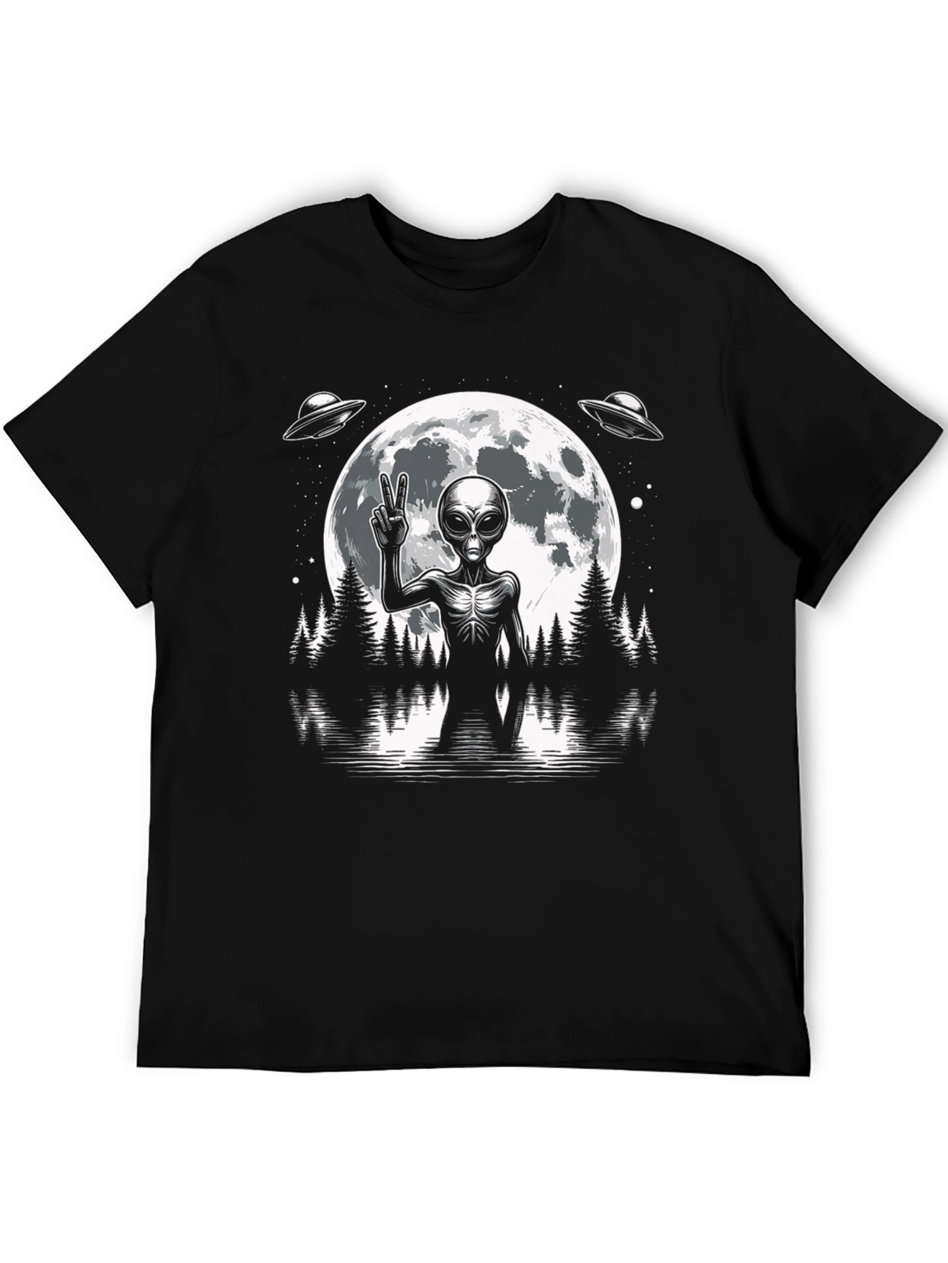 Alien Peace Sign Graphic T-Shirt - Black