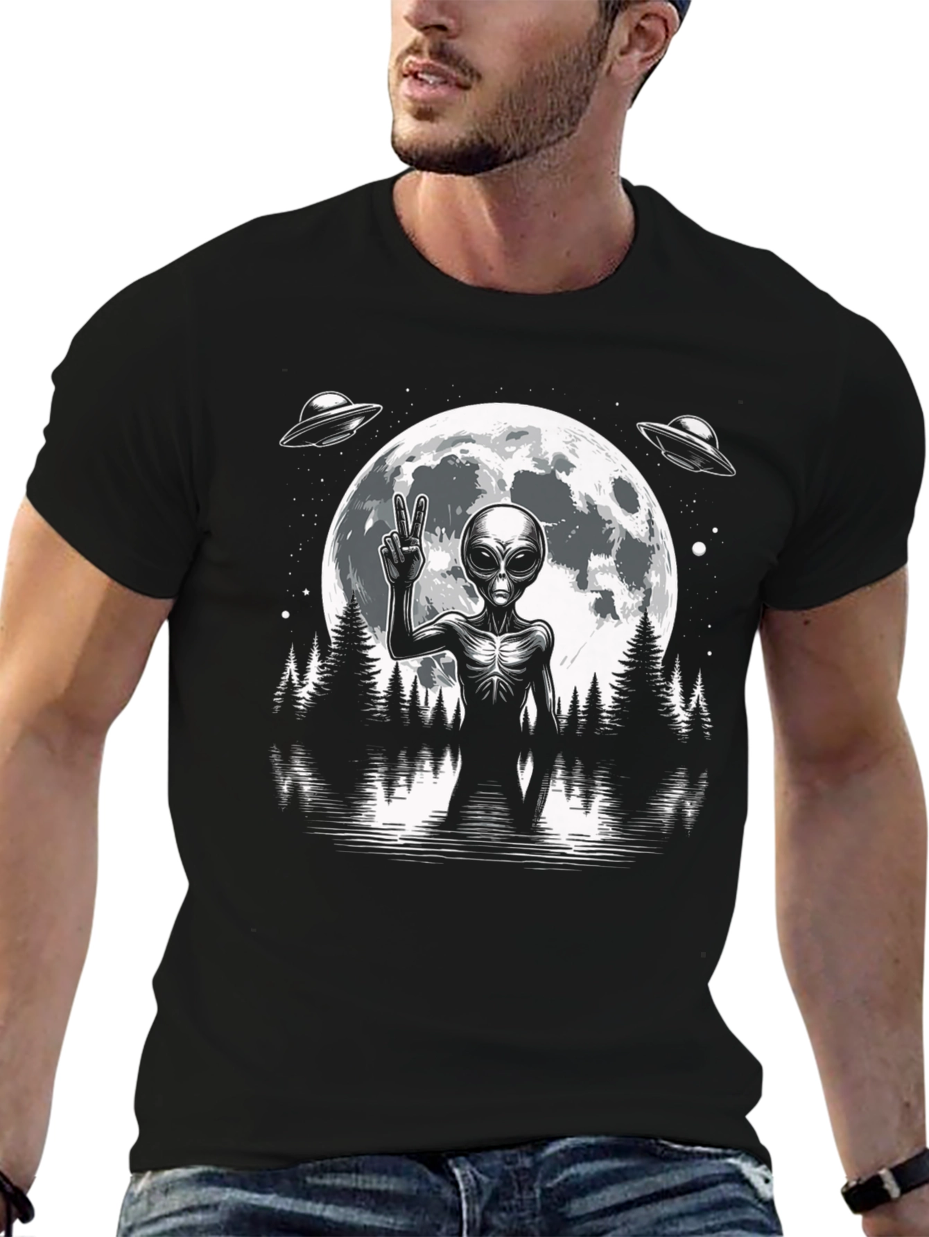 Alien Peace Sign Graphic T-Shirt - Black