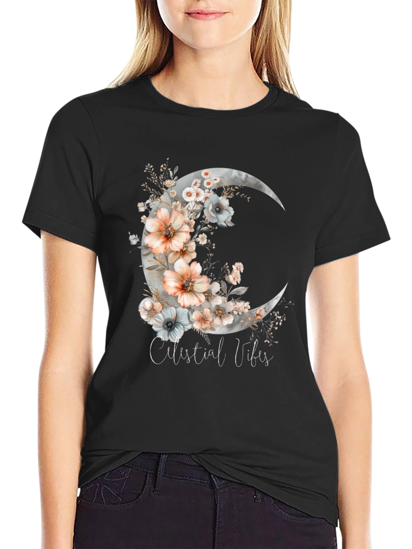 Celestial Vibes Floral Moon Graphic Tee