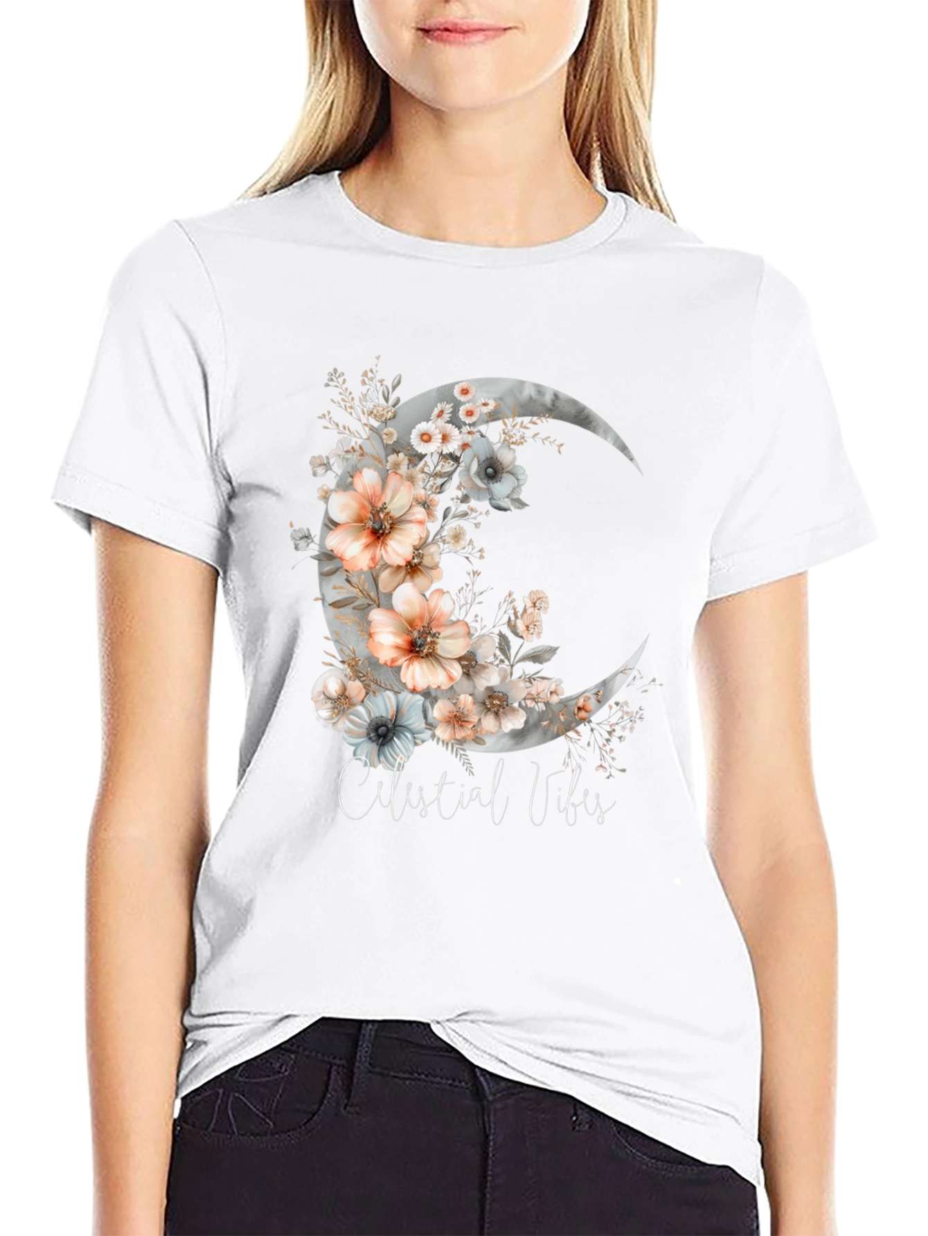 Celestial Vibes Floral Moon Graphic Tee