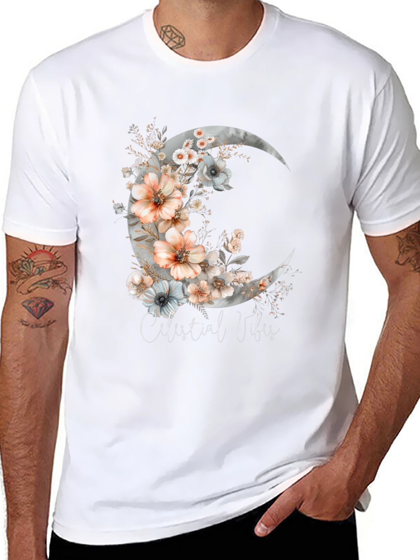 Celestial Vibes Floral Moon Graphic Tee