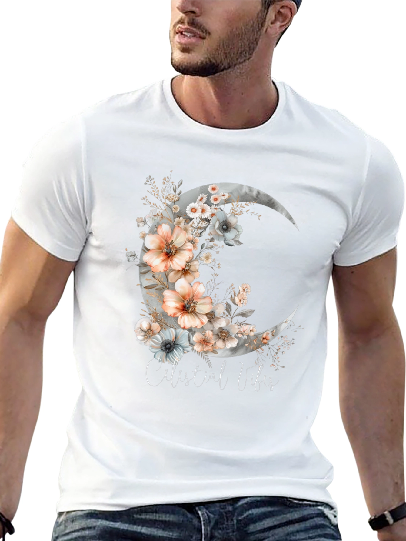 Celestial Vibes Floral Moon Graphic Tee
