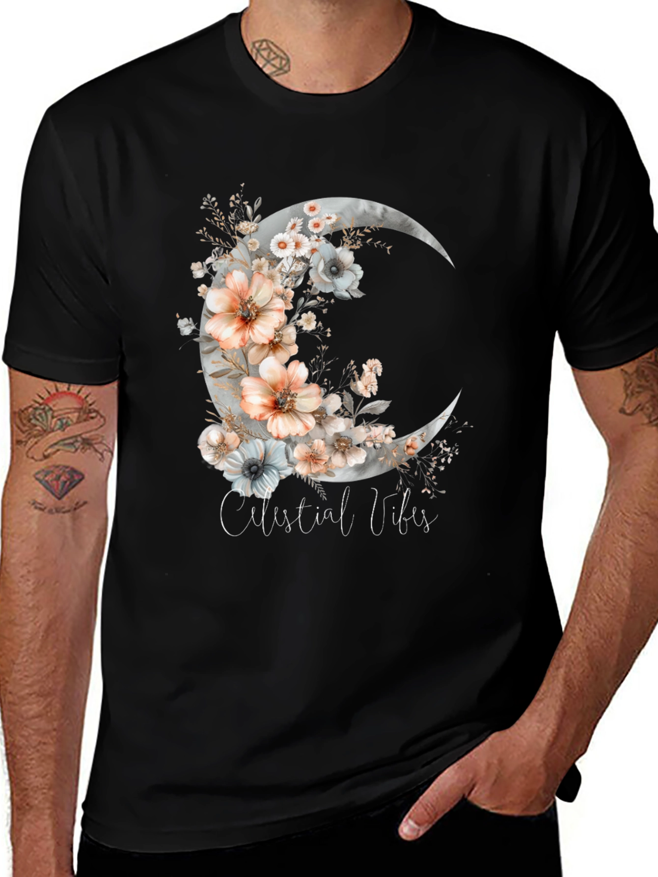 Celestial Vibes Floral Moon Graphic Tee