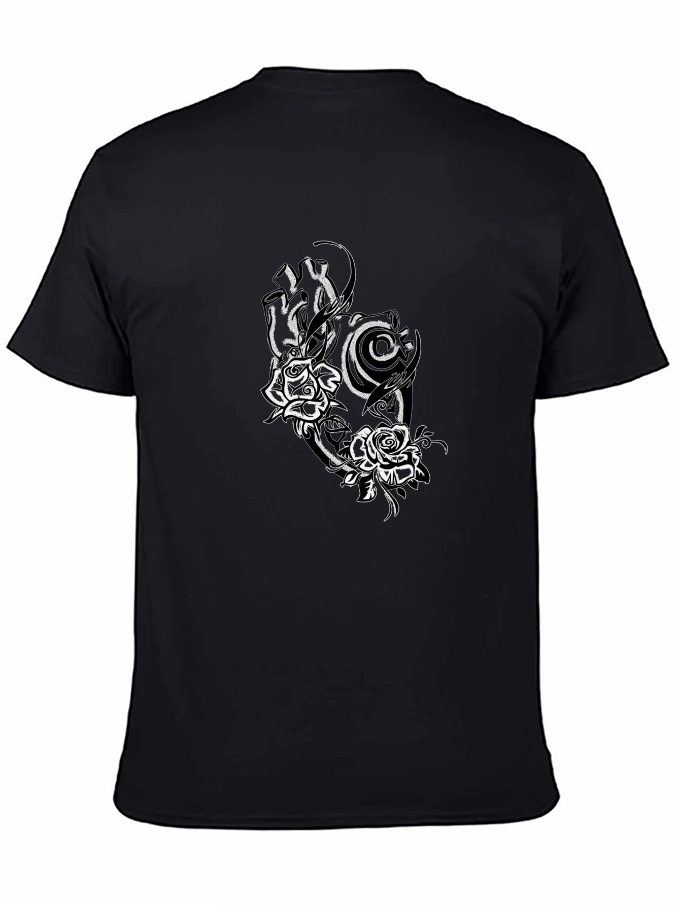 Black Tee with Rose and Tribal Design