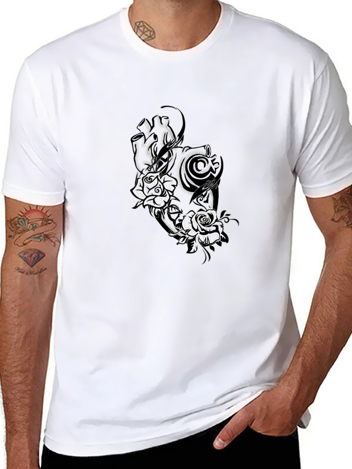 Black Tee with Rose and Tribal Design