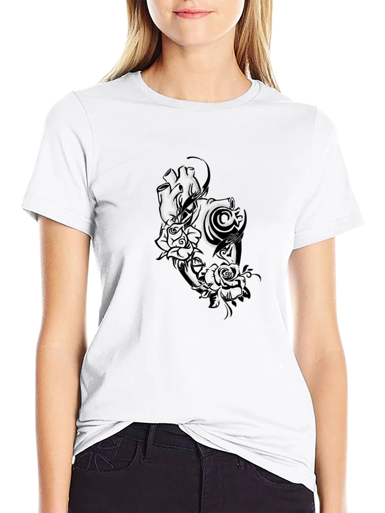 Black Tee with Rose and Tribal Design