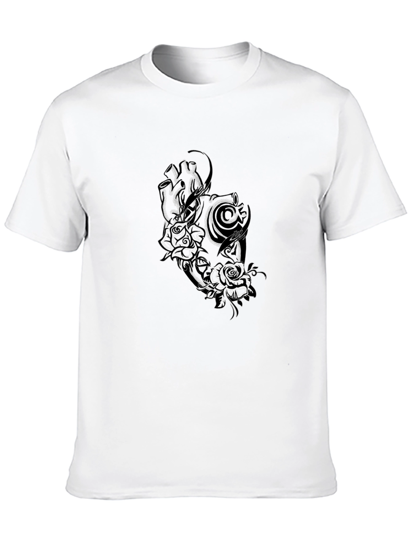 Black Tee with Rose and Tribal Design