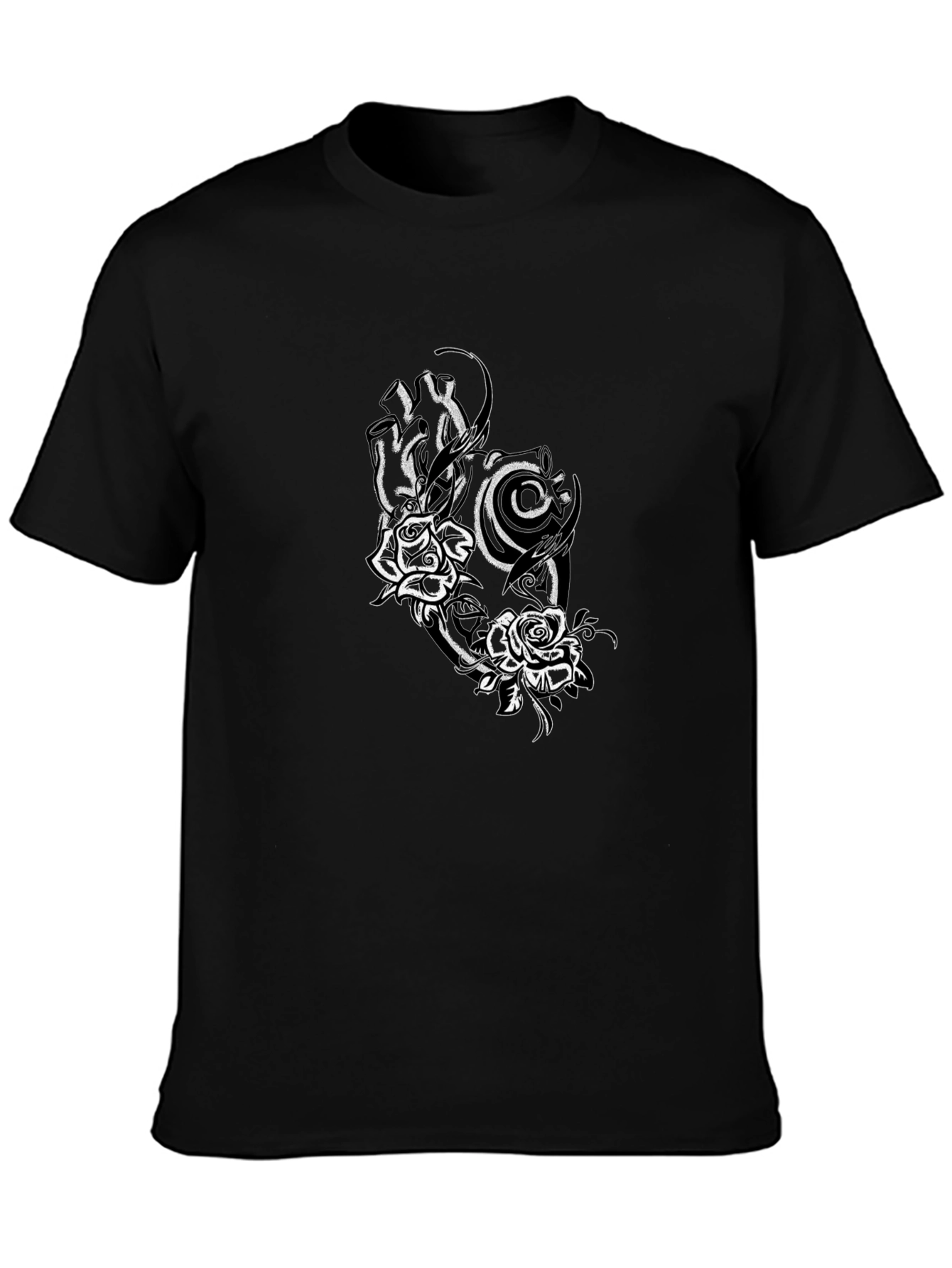 Black Tee with Rose and Tribal Design