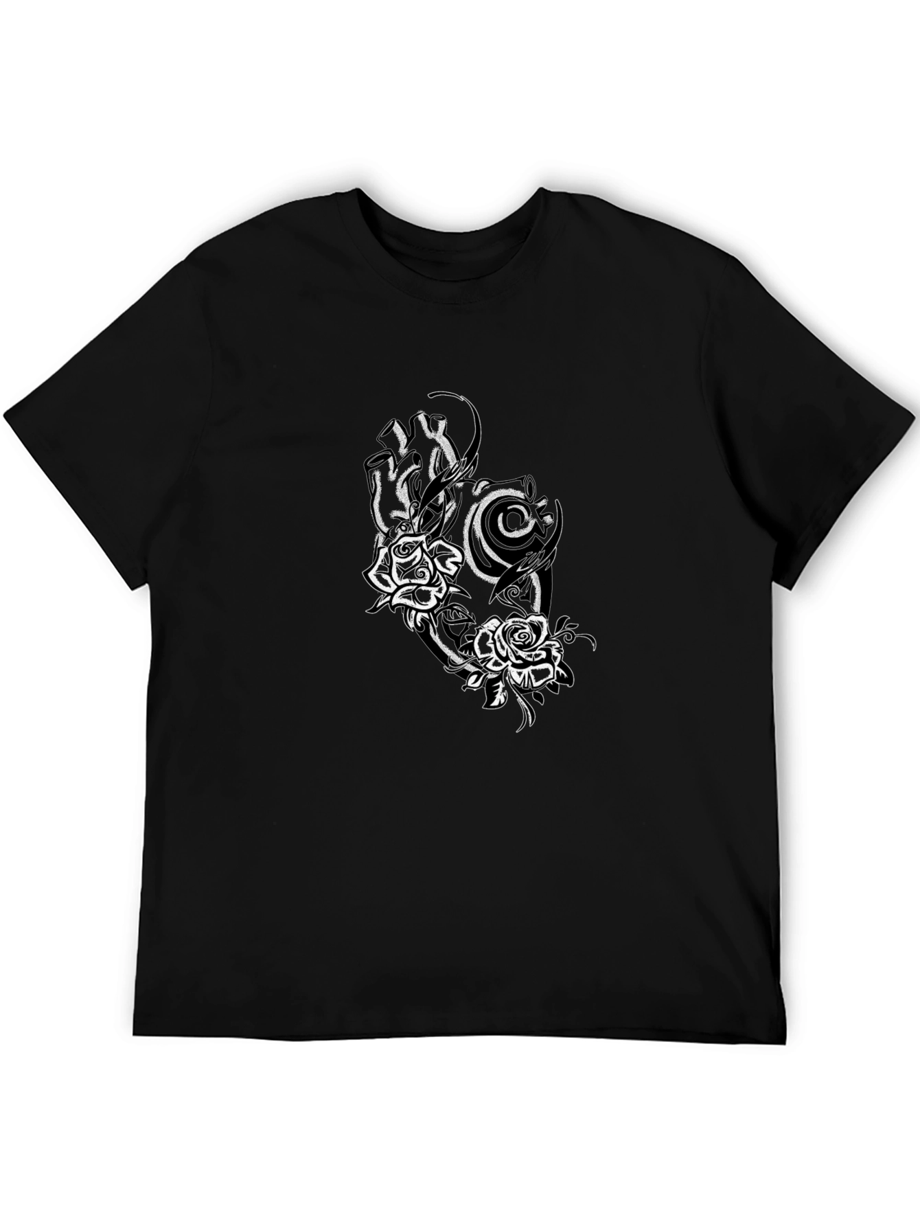 Black Tee with Rose and Tribal Design