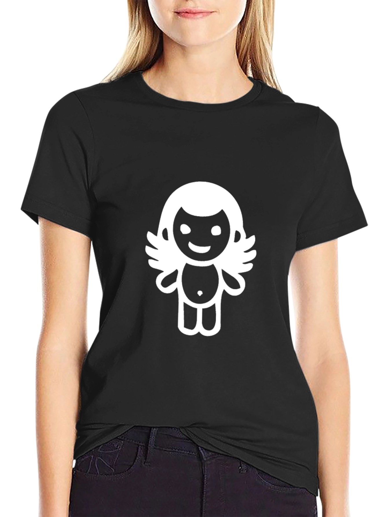 Cute Cartoon Angel Graphic Tee - Black