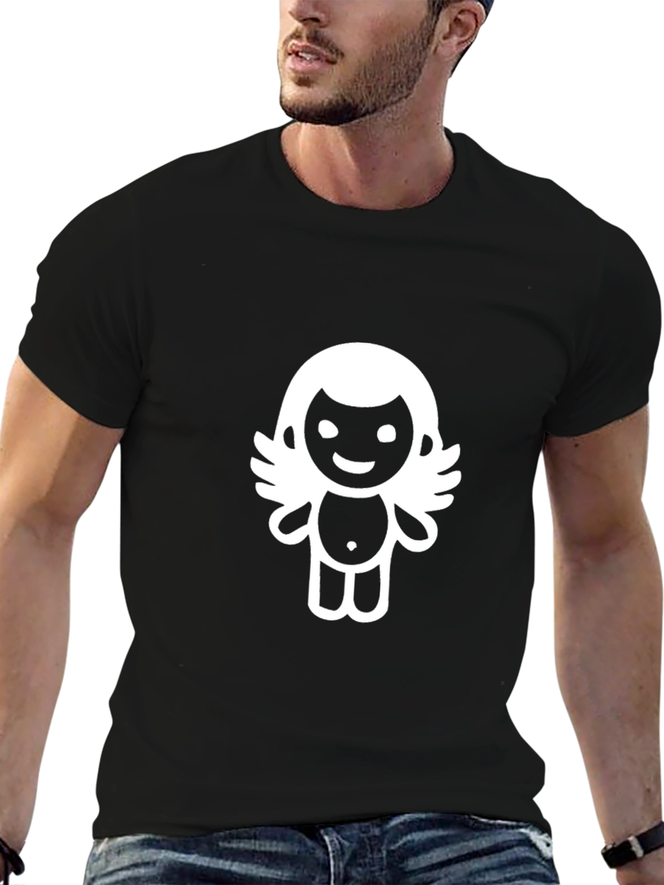 Cute Cartoon Angel Graphic Tee - Black
