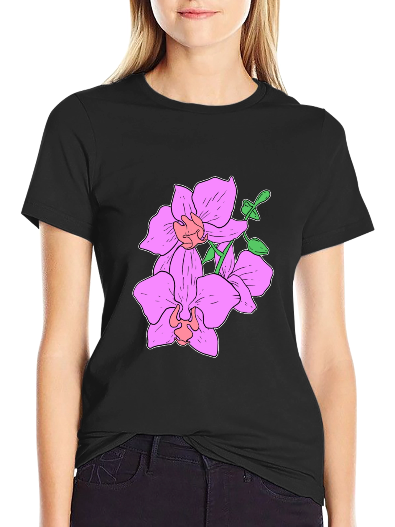 Floral Orchid Graphic Tee - Black