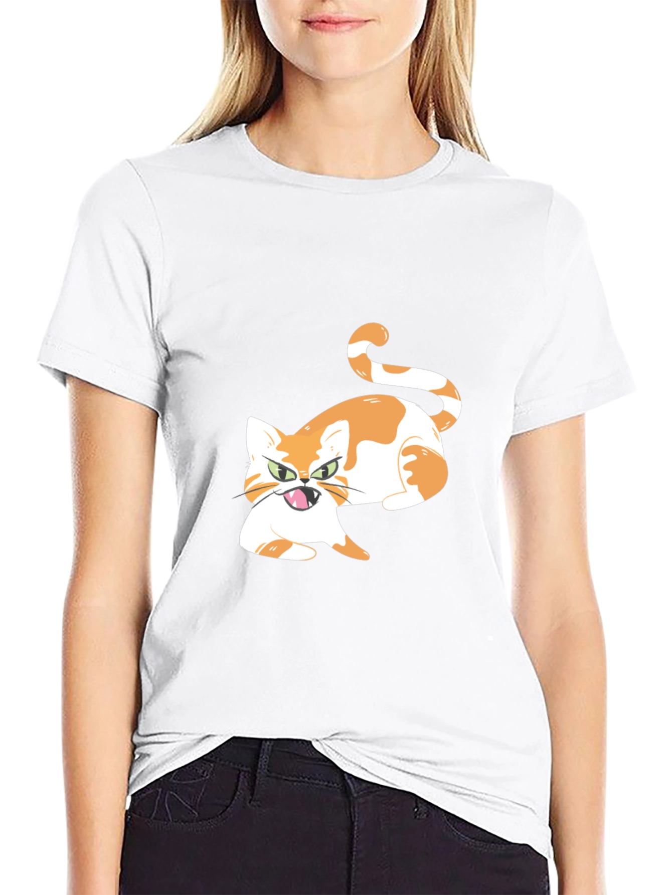 Cartoon Cat Graphic Tee - Black Cotton Blend