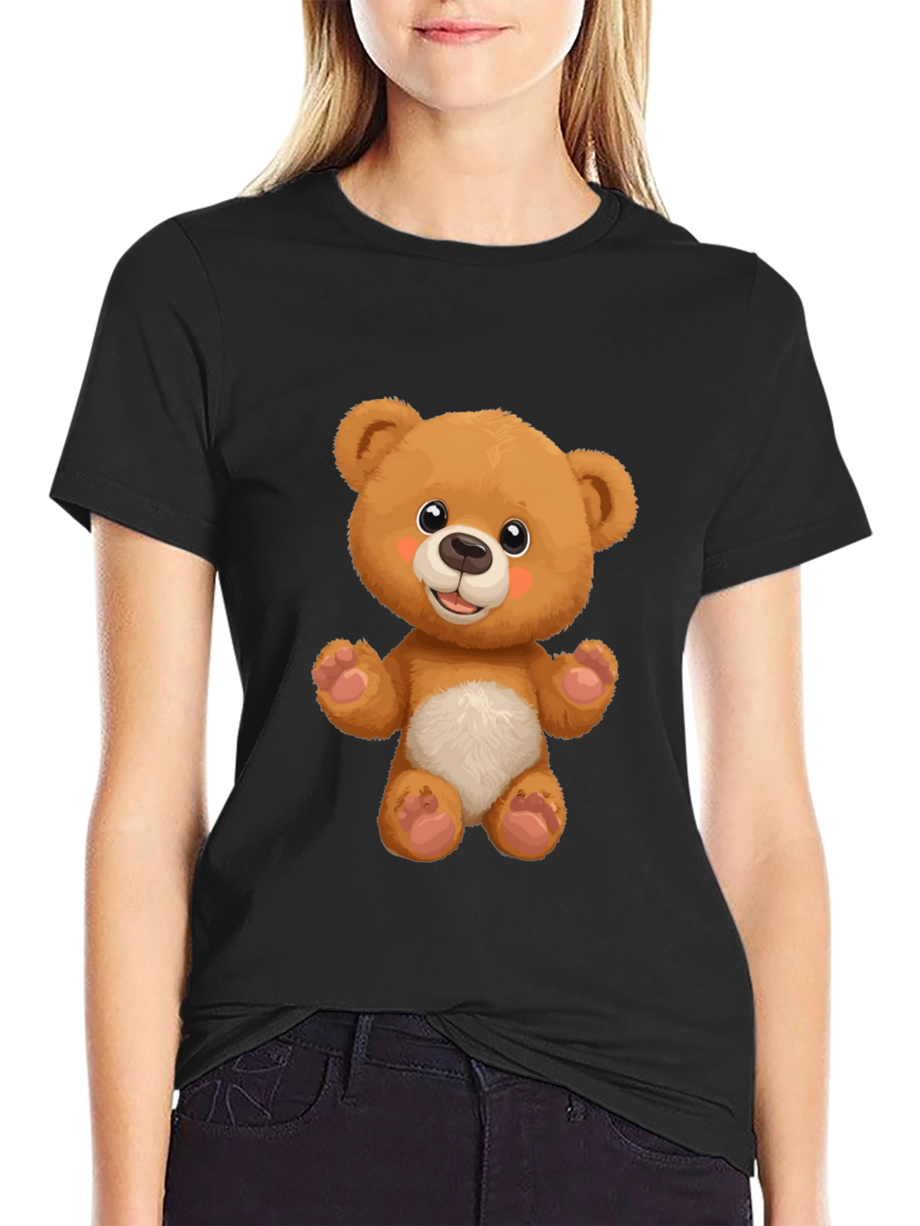 Cute Teddy Bear Graphic Black T-Shirt