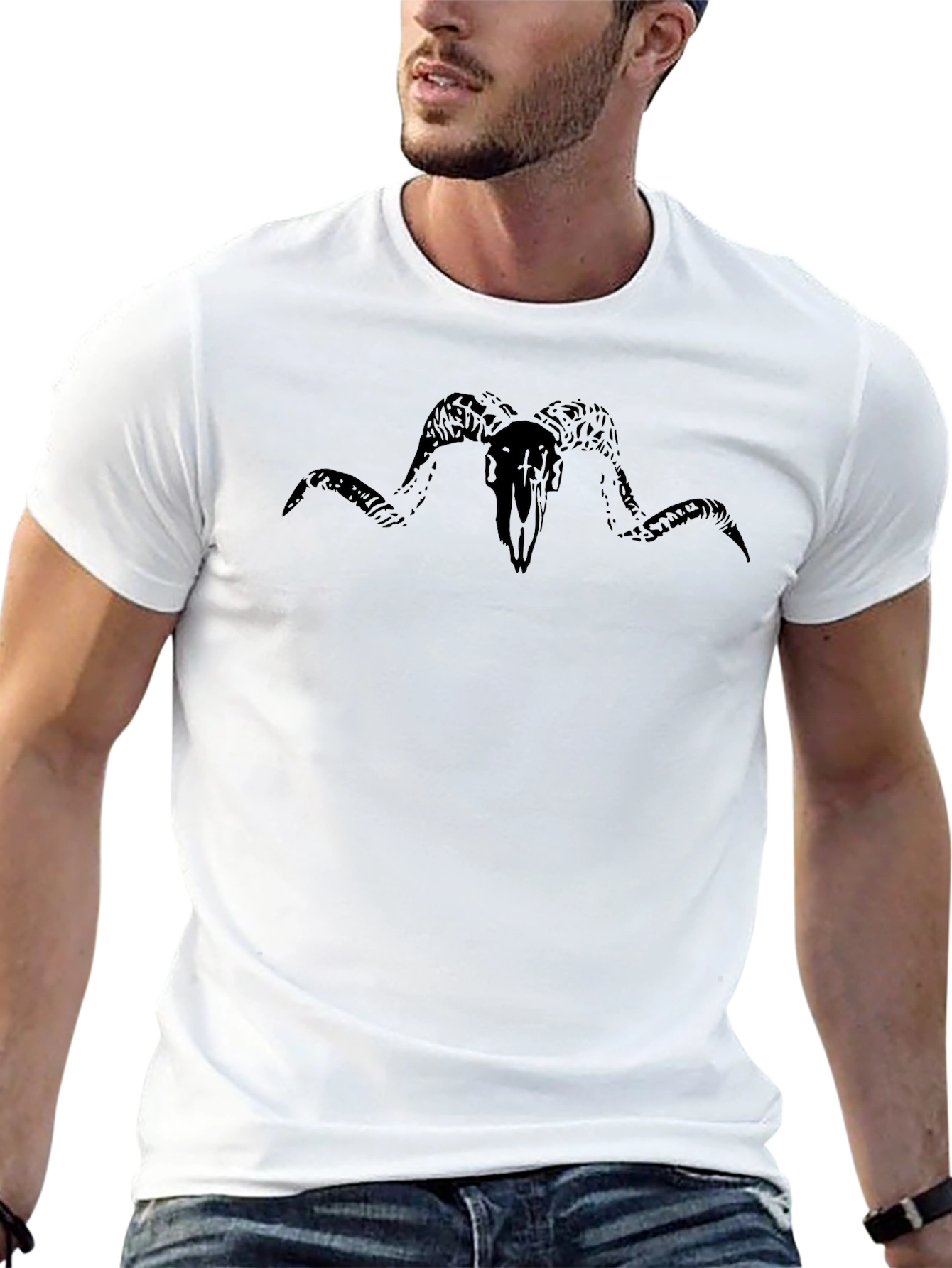Mens Black T-Shirt with Ram Skull Graphic