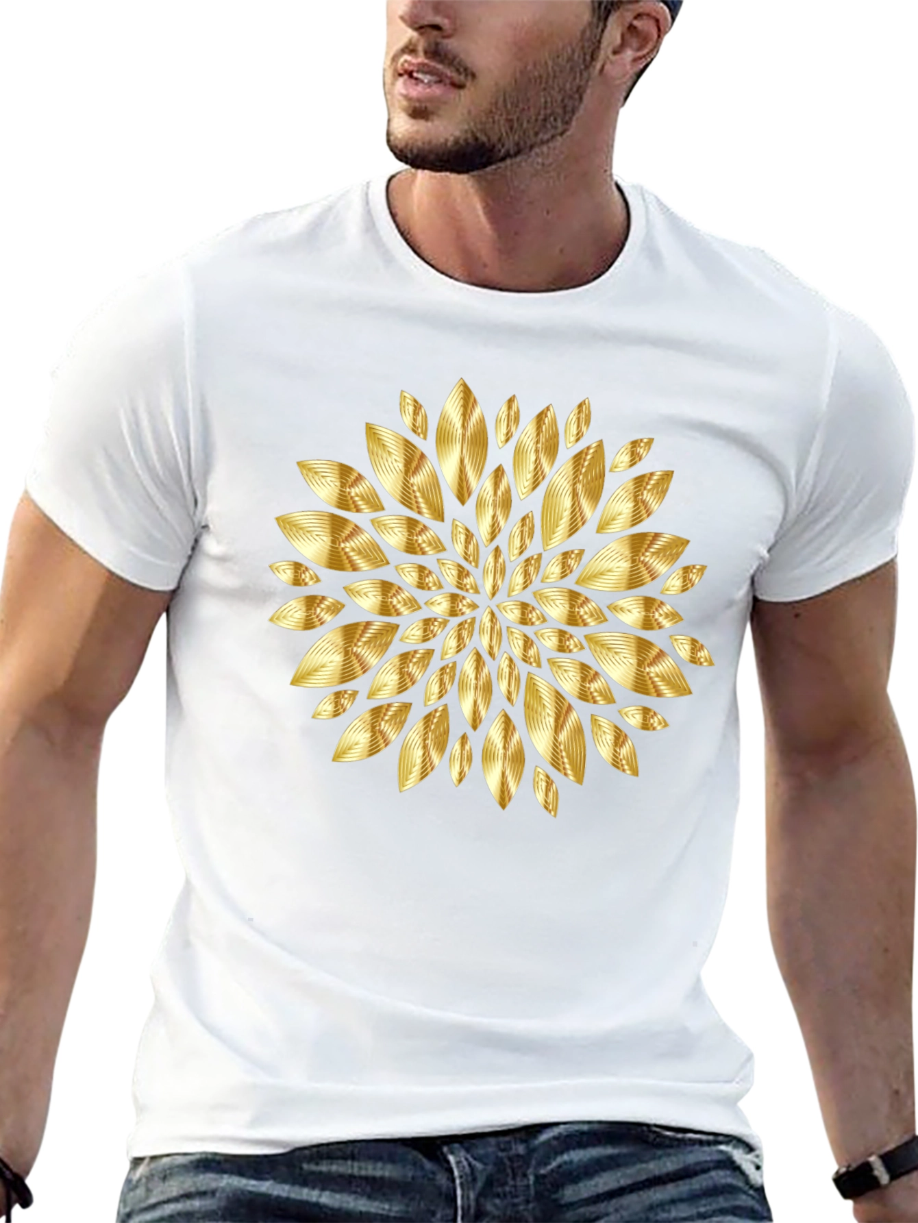 Gold Floral Pattern Black T-Shirt