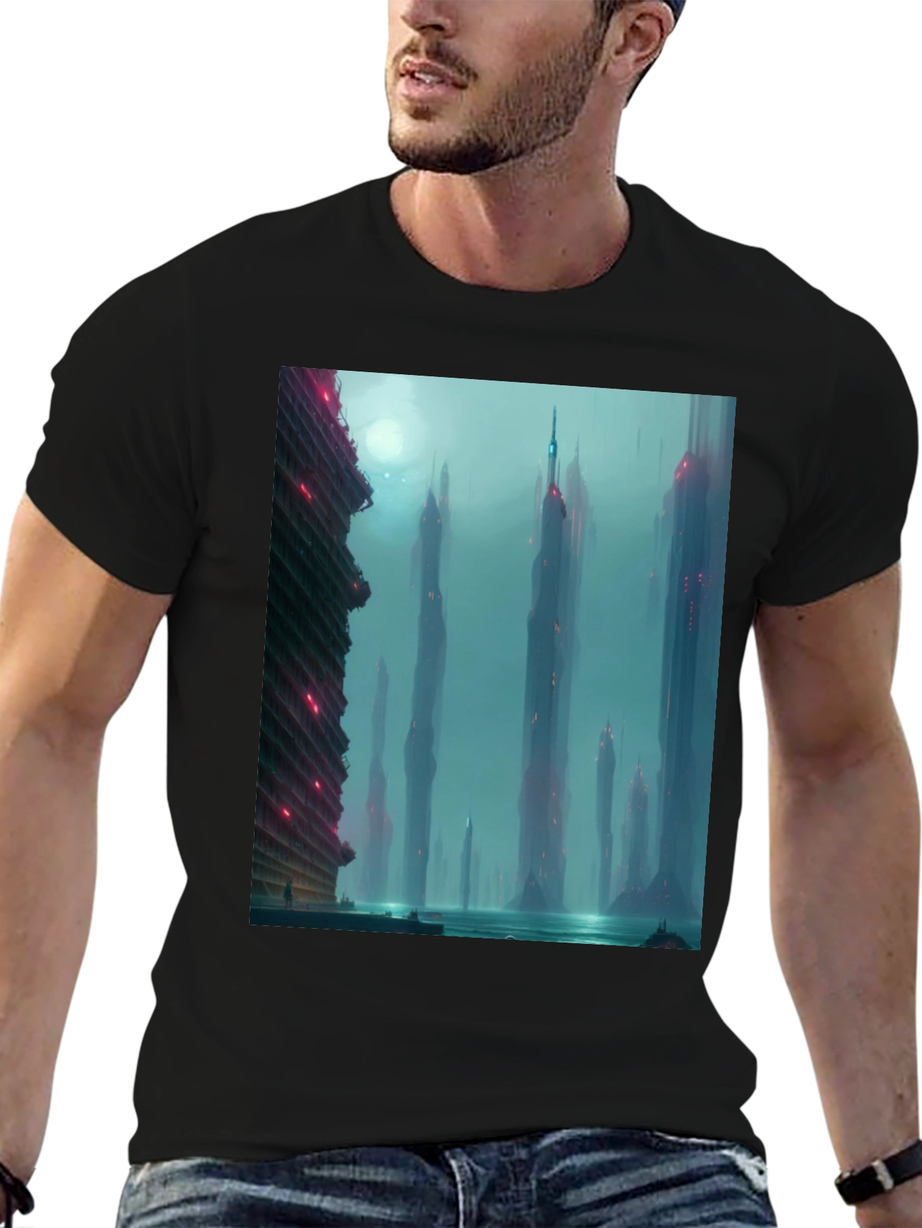 Sci-Fi Cityscape Graphic Tee - Black Casual T-Shirt