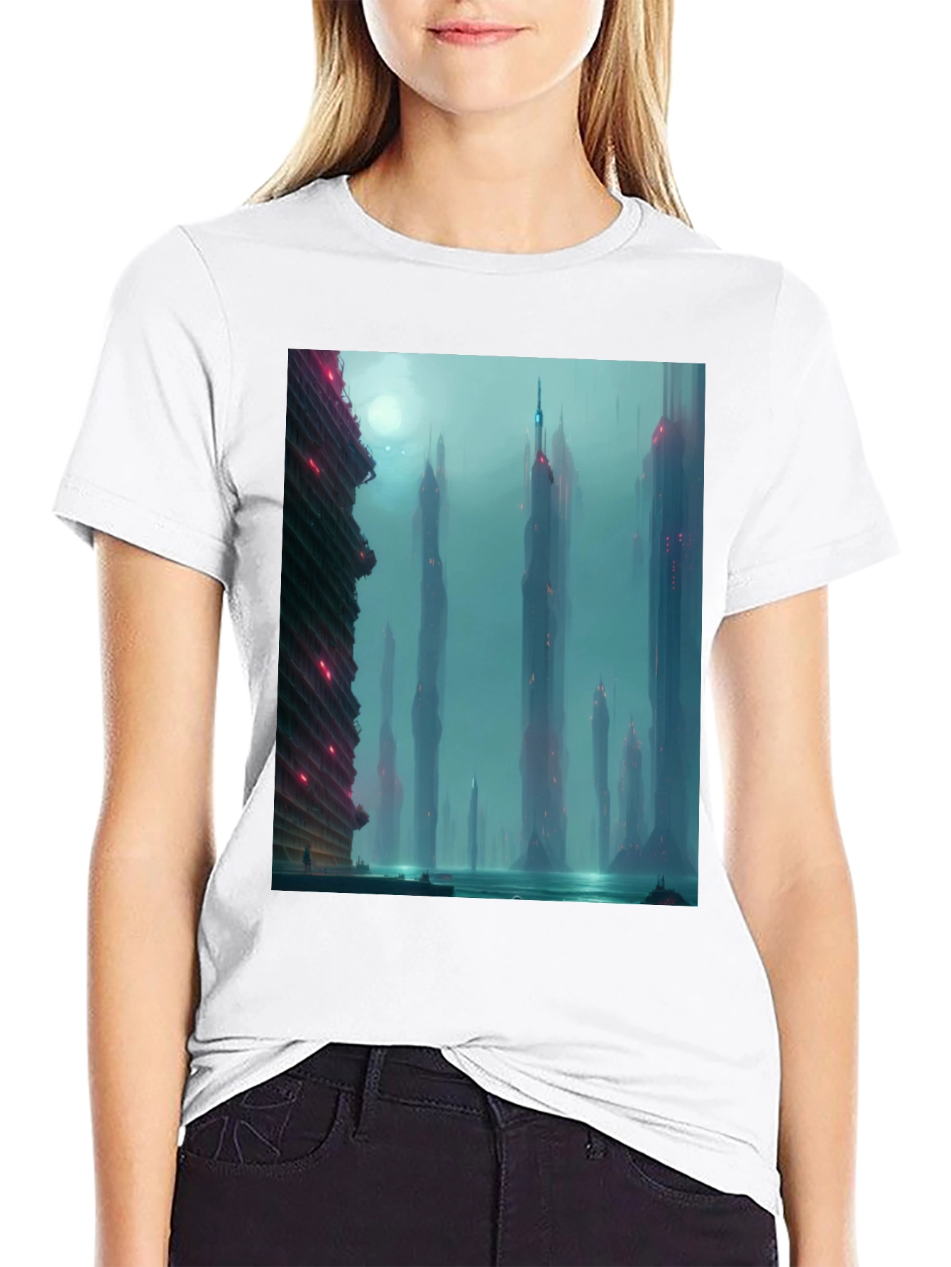 Sci-Fi Cityscape Graphic Tee - Black Casual T-Shirt