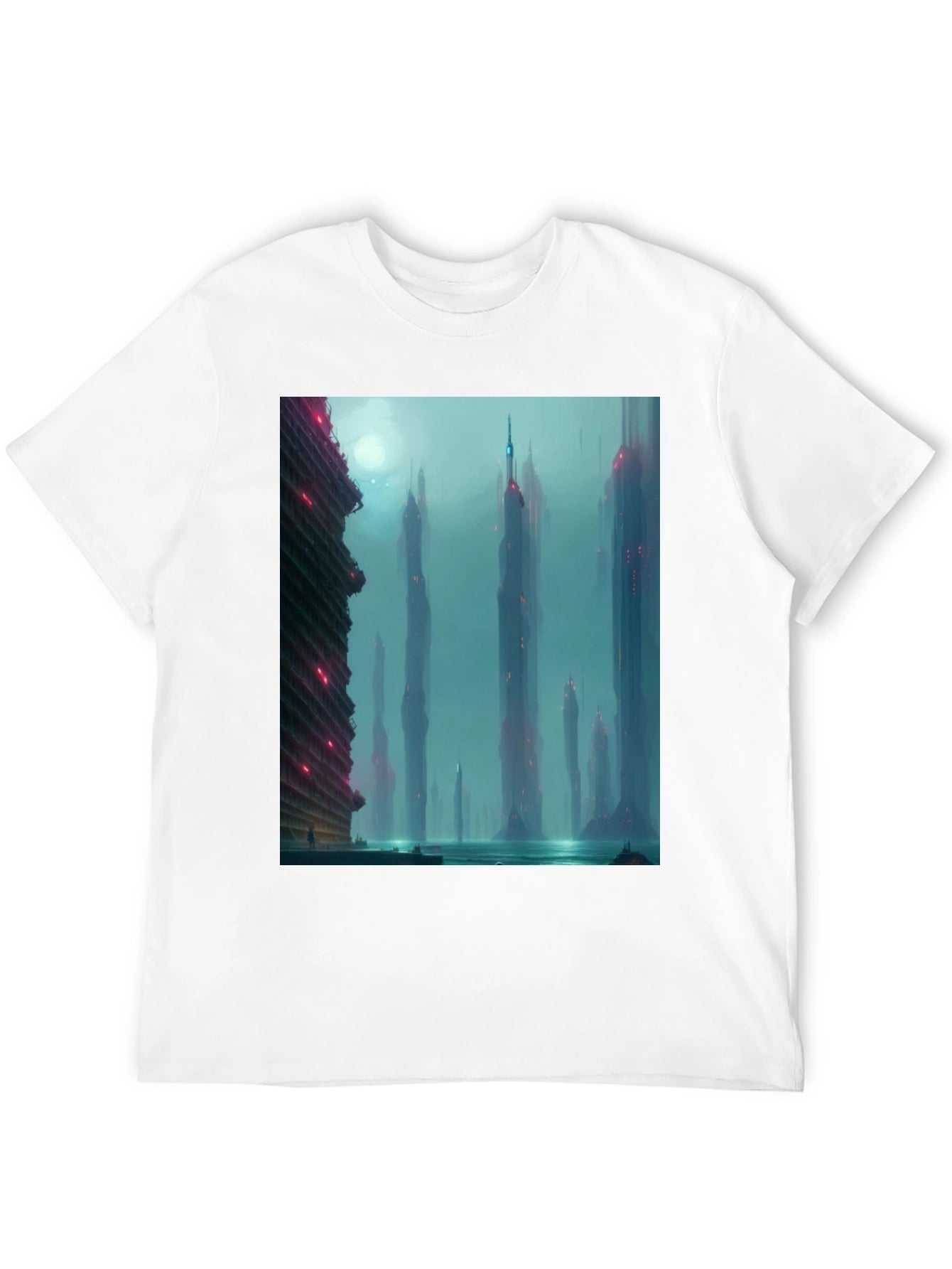Sci-Fi Cityscape Graphic Tee - Black Casual T-Shirt