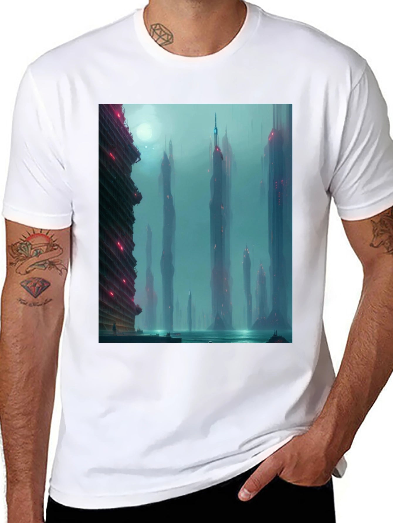Sci-Fi Cityscape Graphic Tee - Black Casual T-Shirt