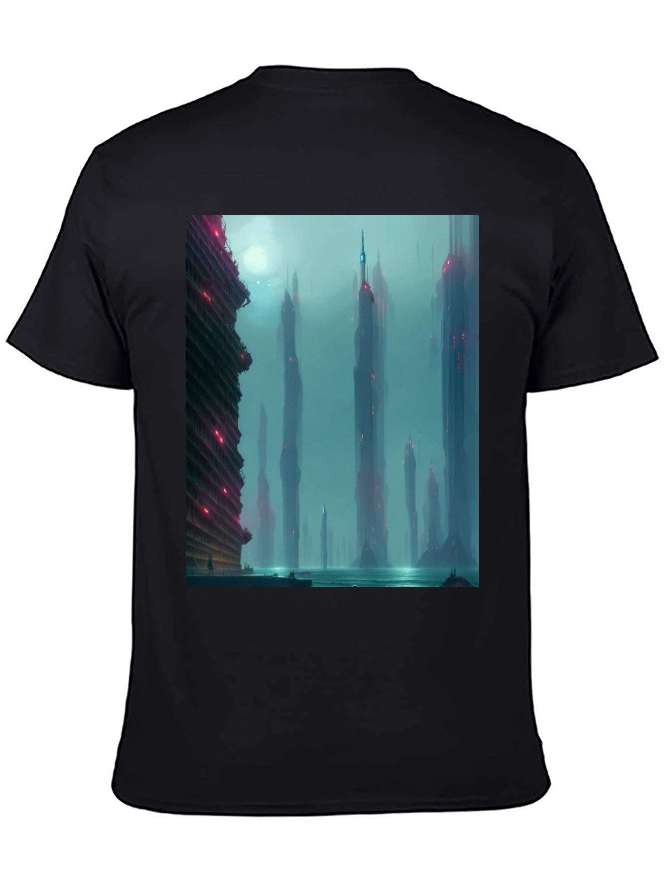 Sci-Fi Cityscape Graphic Tee - Black Casual T-Shirt