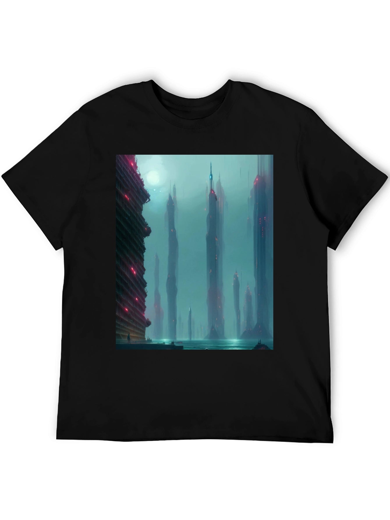 Sci-Fi Cityscape Graphic Tee - Black Casual T-Shirt