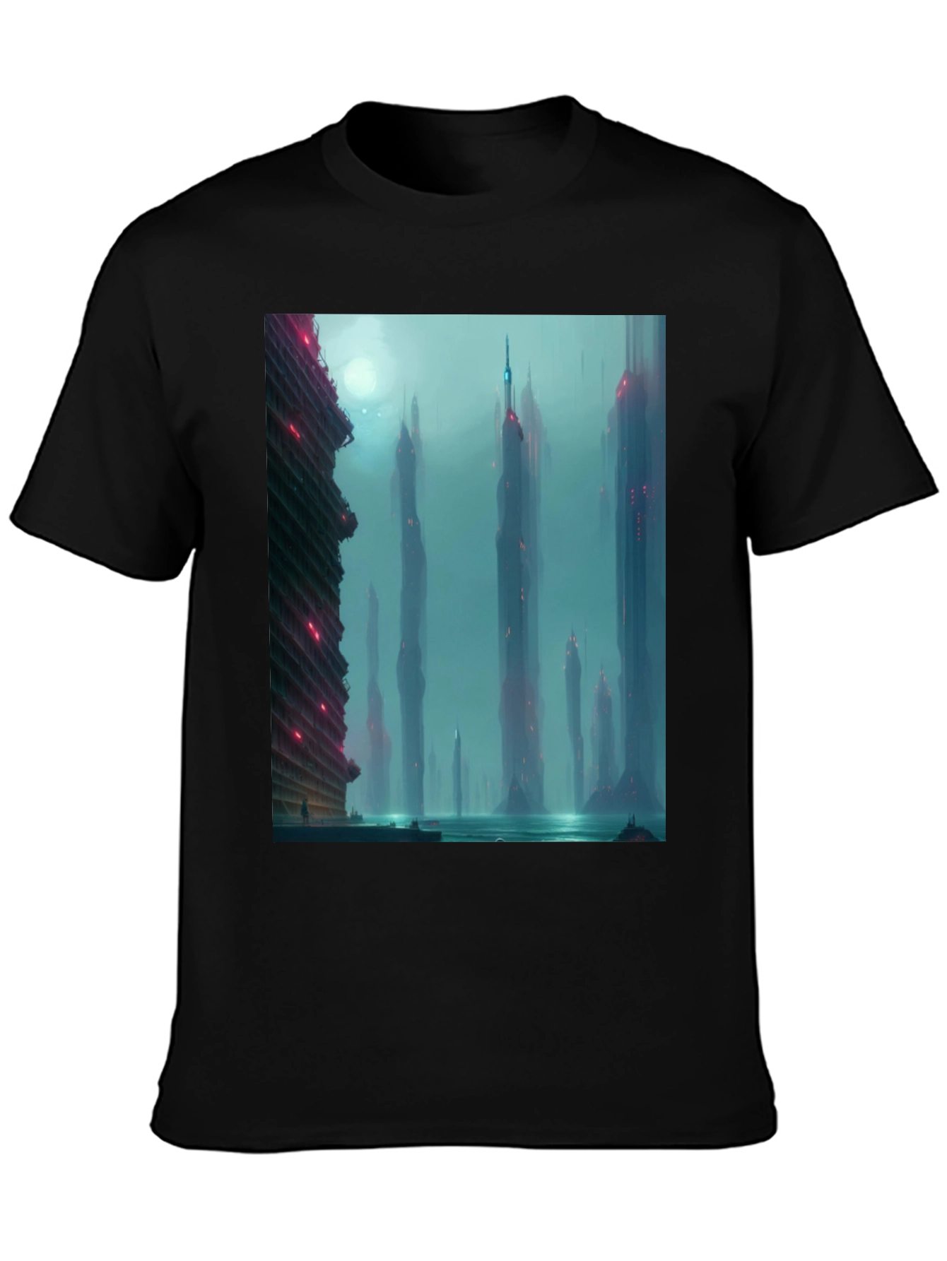 Sci-Fi Cityscape Graphic Tee - Black Casual T-Shirt