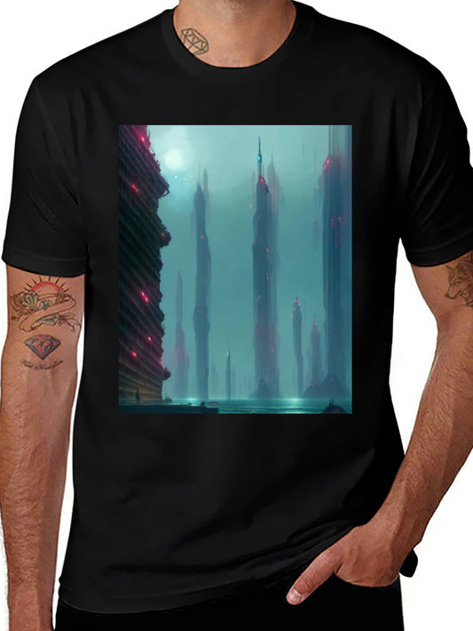 Sci-Fi Cityscape Graphic Tee - Black Casual T-Shirt