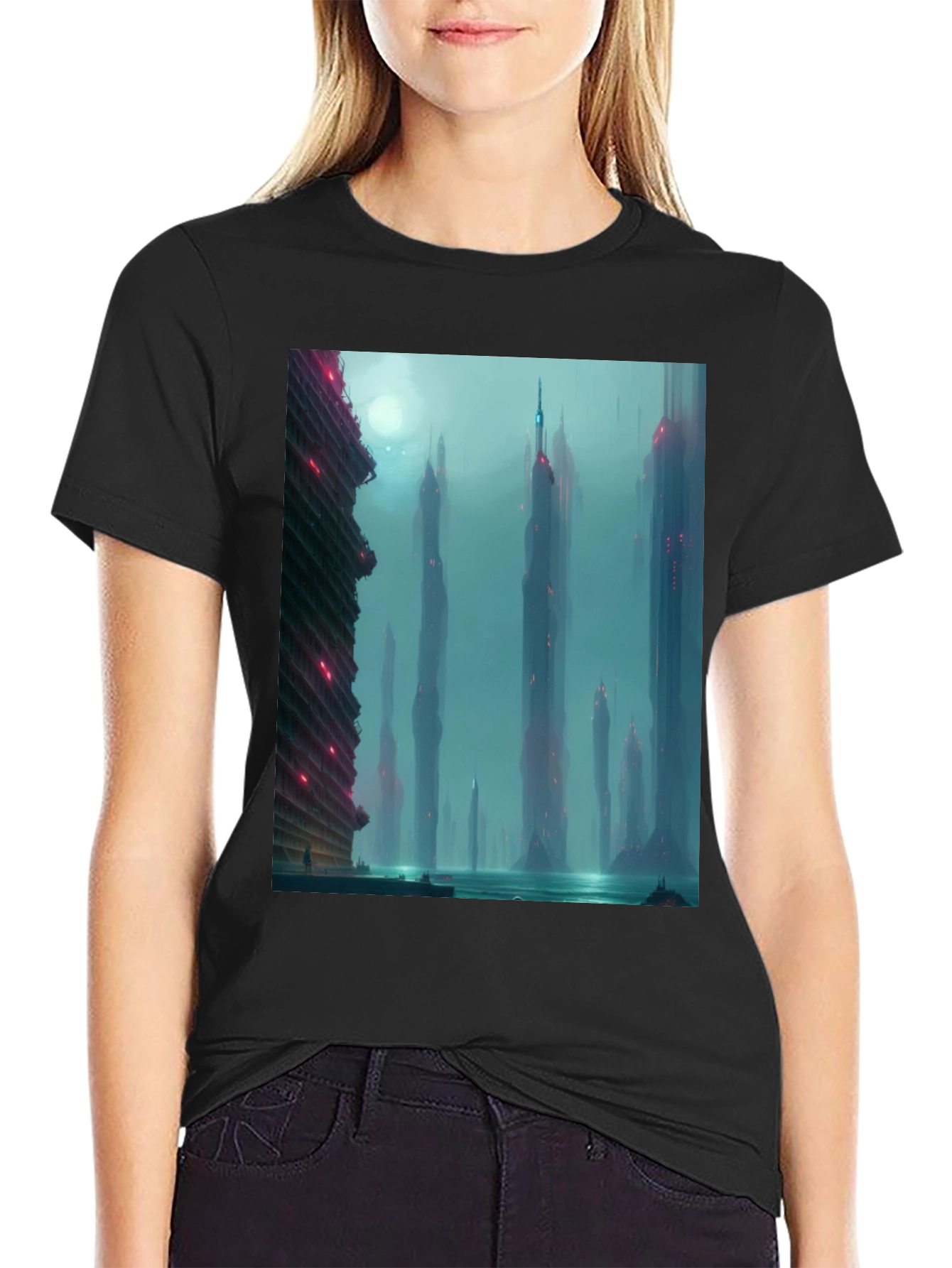 Sci-Fi Cityscape Graphic Tee - Black Casual T-Shirt