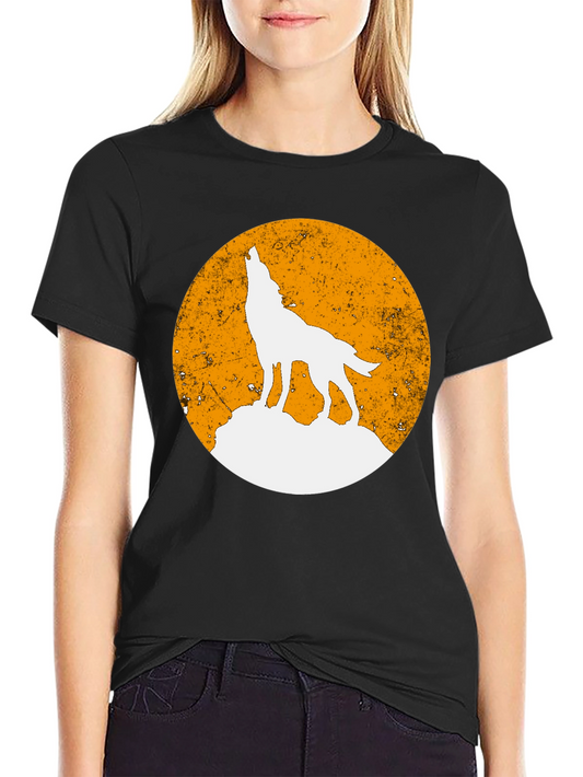 Wolf Howling Moon Graphic Tee - Black Cotton Casual T-Shirt