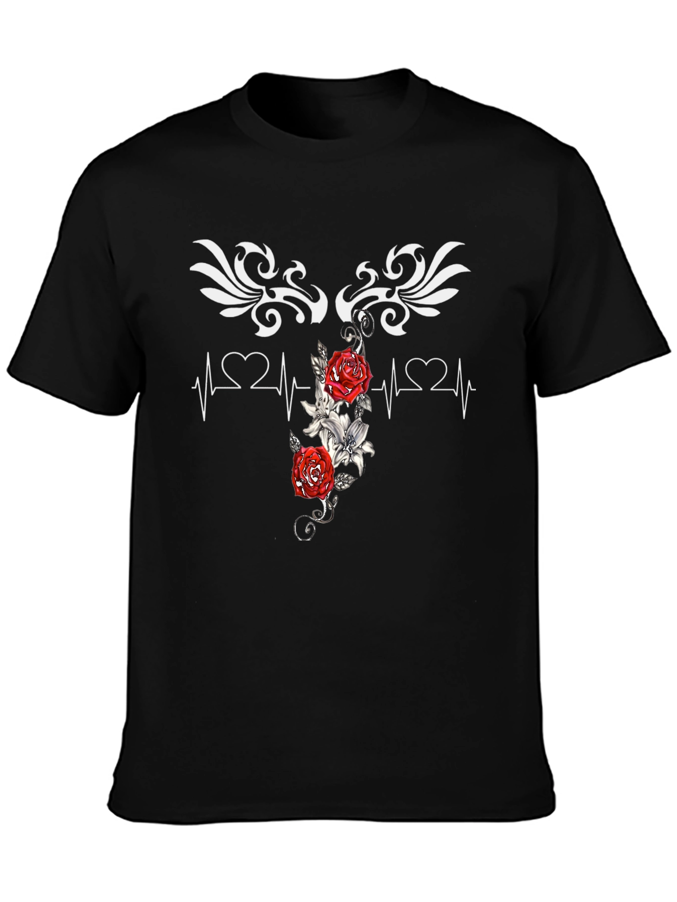 Heartbeat Rose Tattoo Graphic Black T-Shirt