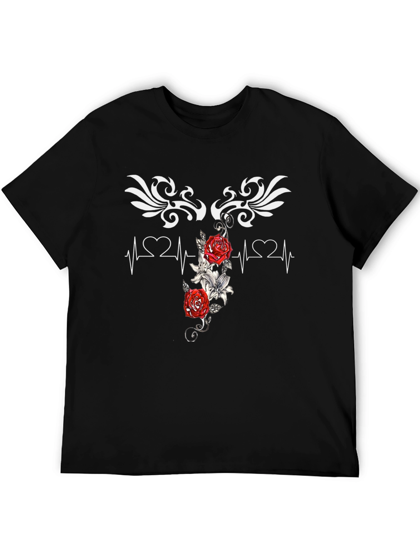 Heartbeat Rose Tattoo Graphic Black T-Shirt