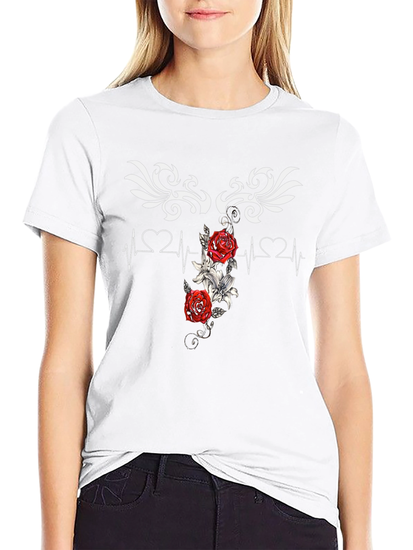 Heartbeat Rose Tattoo Graphic Black T-Shirt